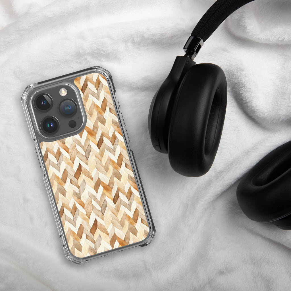 Cozy Knit Pattern Clear Case for iPhone 15 Pro - Neutral Braided Texture Protective Cover