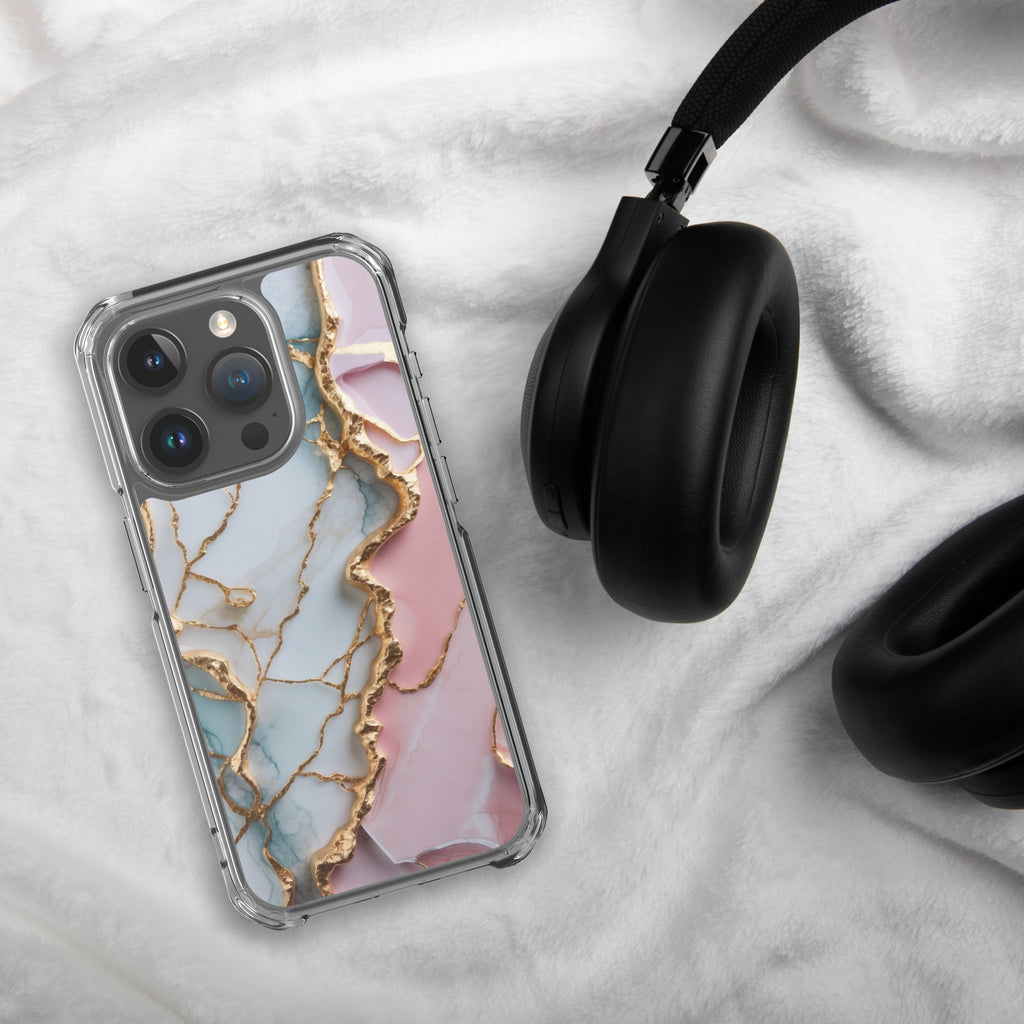 Pastel Golden Marble Fusion Clear Case for iPhone 15 Pro - Luxury Pink & Blue Marble Protective Cover