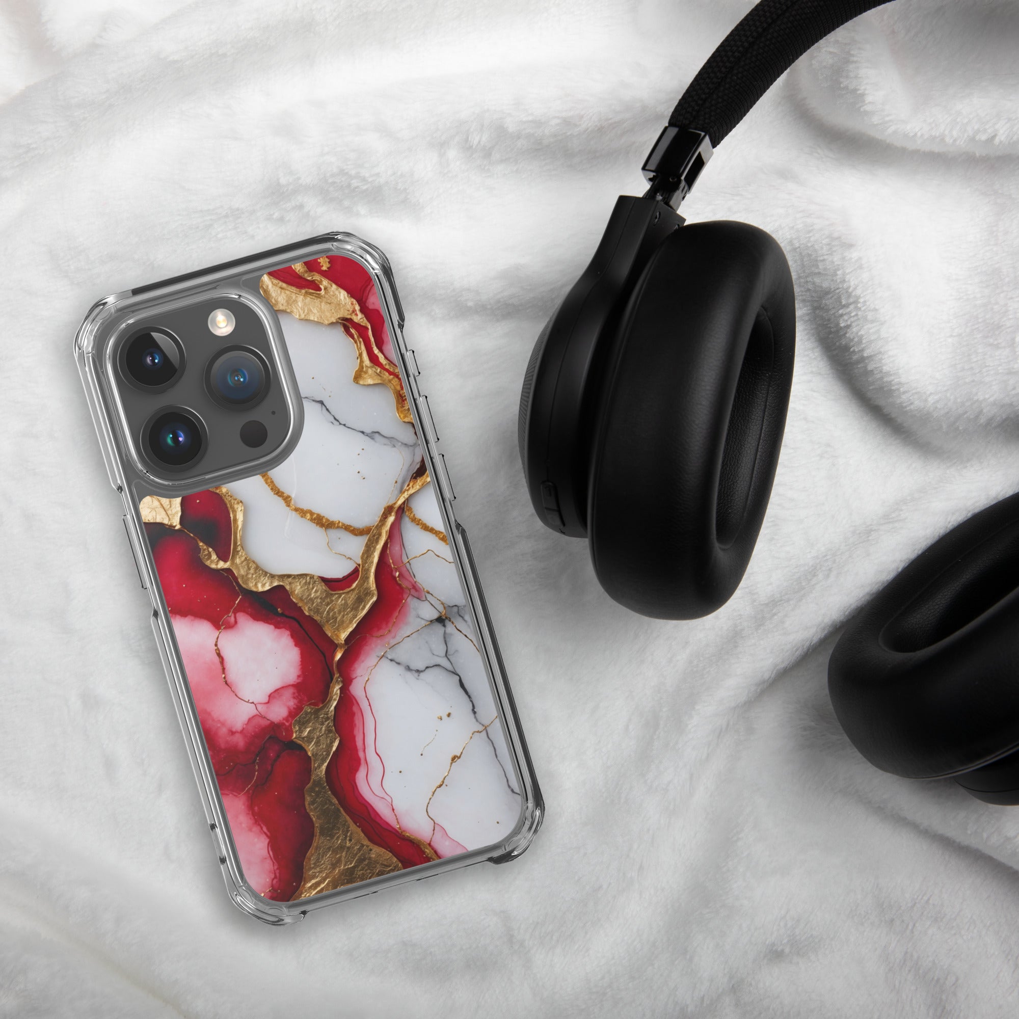 Crimson Golden Marble Luxe Clear Case for iPhone 15 Pro - Luxury Red & Gold Marble Protective Cover