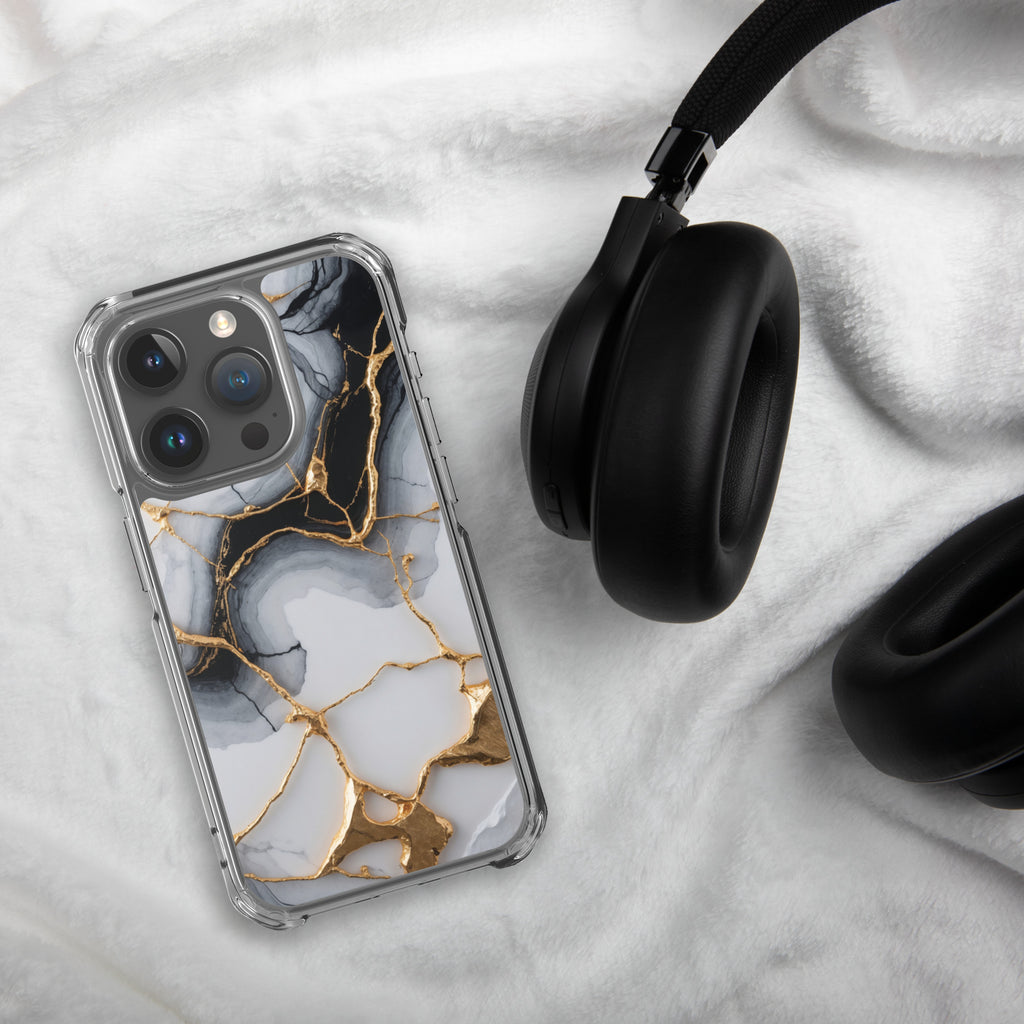 Golden Marble Veins Clear Case for iPhone 15 Pro - Luxury Black & White Marble Protective Cover