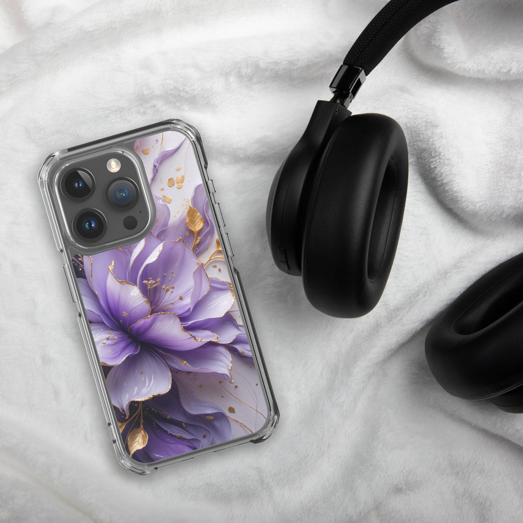 Royal Violet Bloom Clear Case for iPhone 15 Pro - Luxury Purple & Gold Floral Protective Cover
