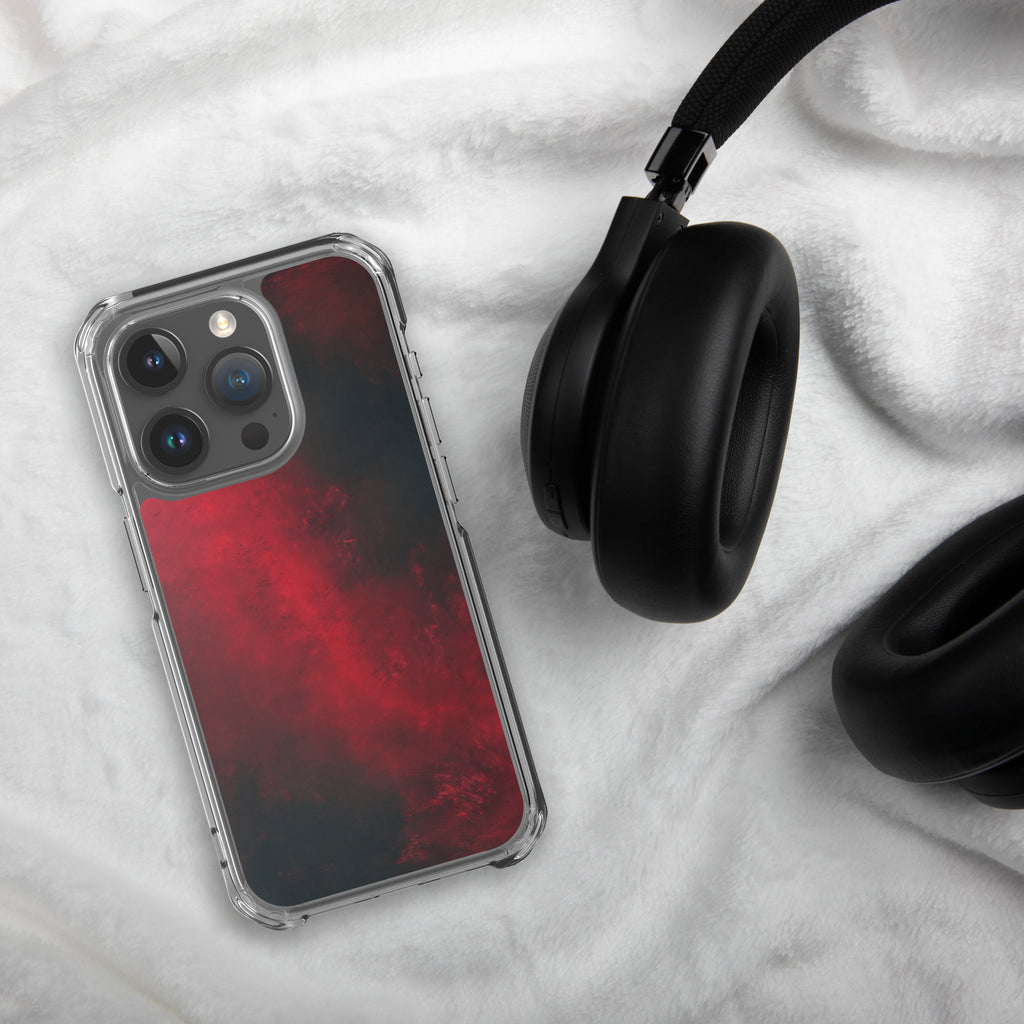 Crimson Nebula Clear Case for iPhone 15 Pro - Red & Black Abstract Smoke Protective Cover