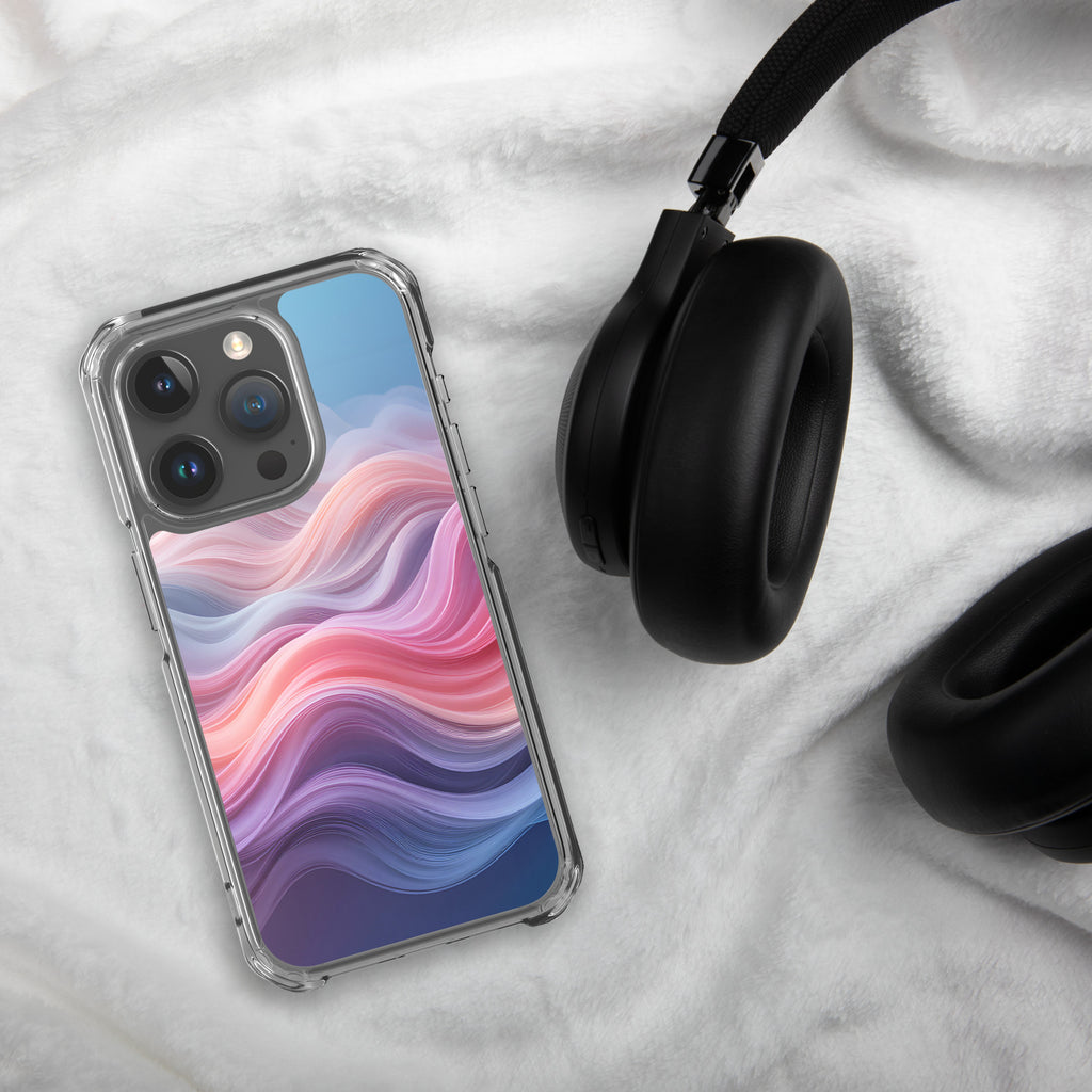 Velvet Currents Dream Clear Case for iPhone 15 Pro - Abstract Pink & Blue Waves Protective Cover