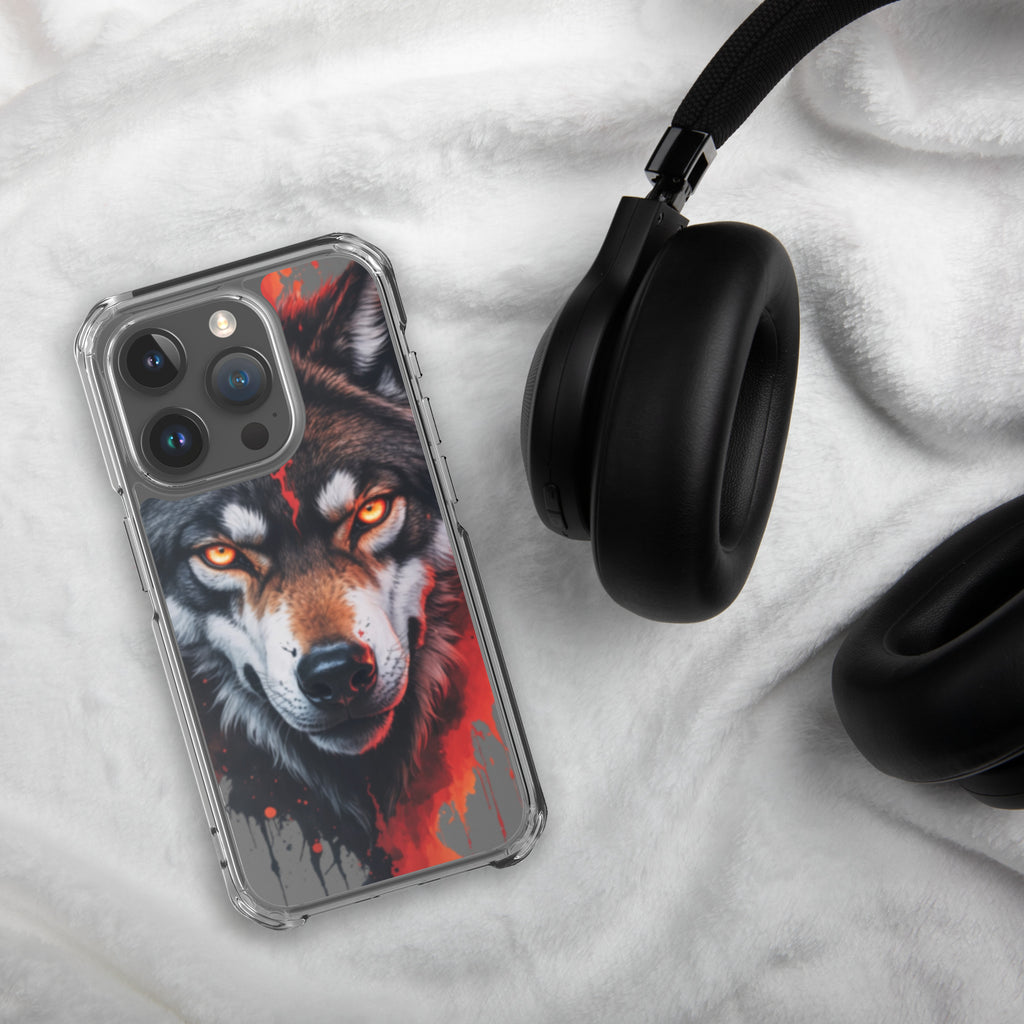 Dual Flame Wolf Clear Case for iPhone 15 Pro - Fierce Wolf Artwork Protective Cover