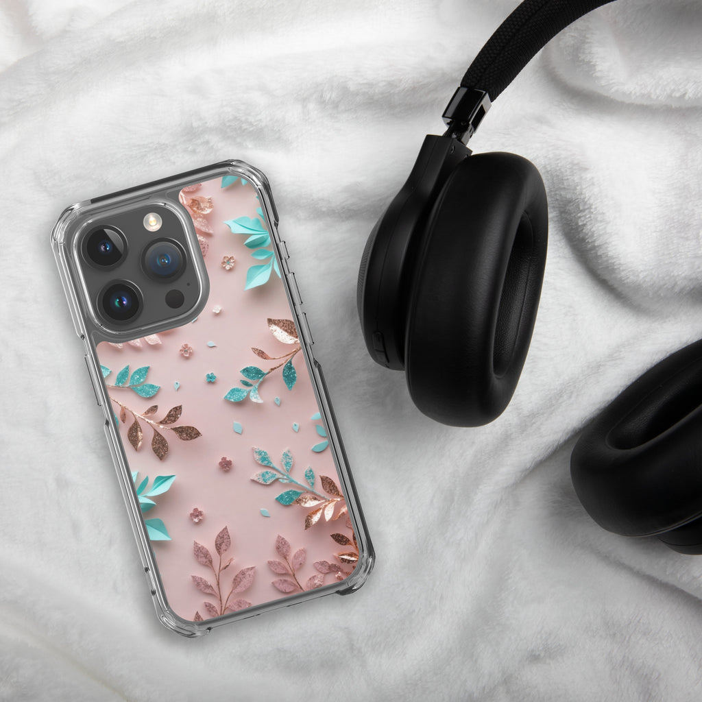 Blush Garden Glam Clear Case for iPhone 15 Pro - Pink & Teal Glitter Floral Protective Cover