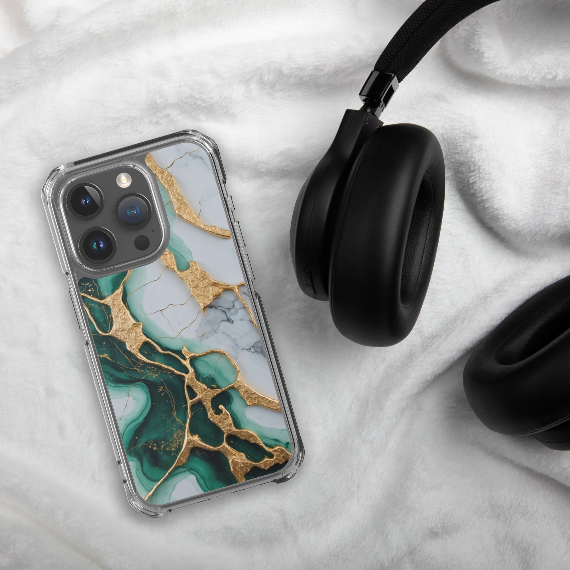 Emerald Golden Marble Flow Clear Case for iPhone 15 Pro - Luxury Green & Gold Marble Protective Cover