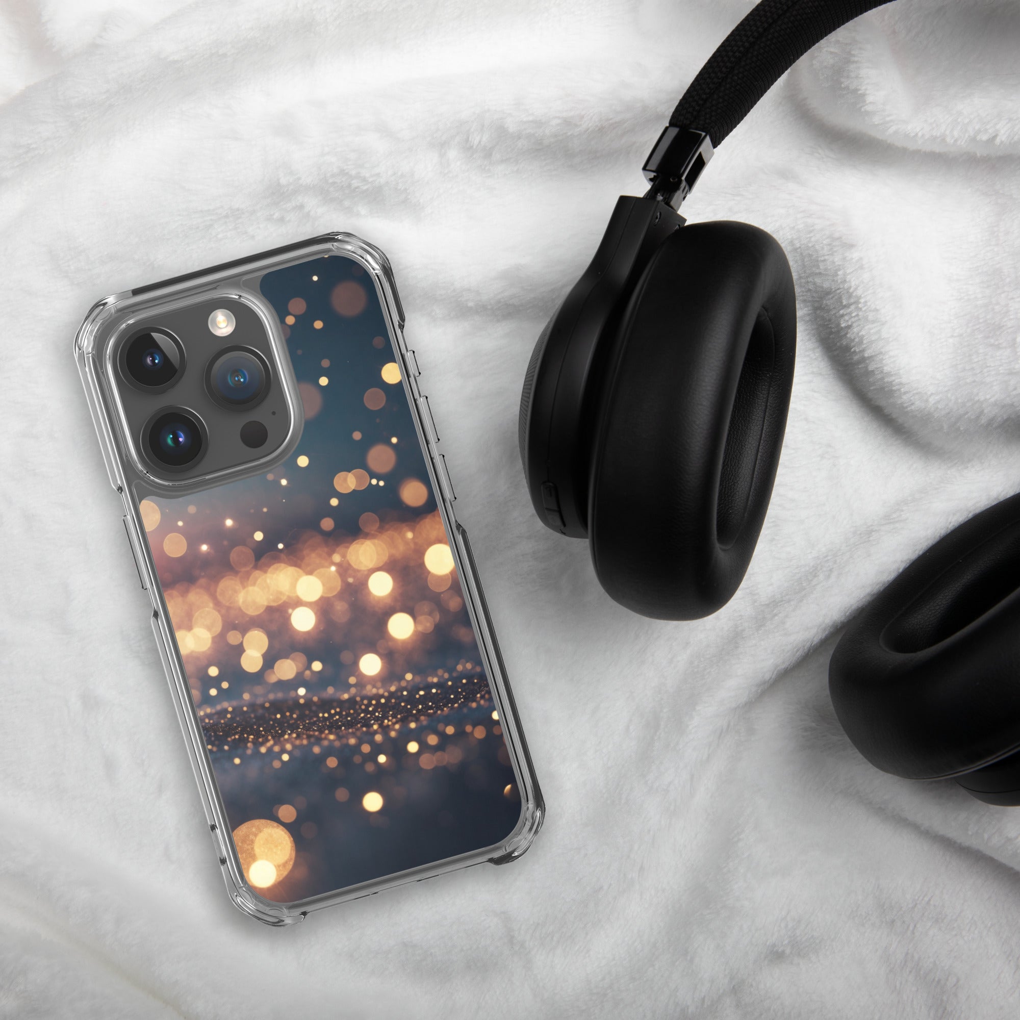 Golden Sparkle Bokeh Clear Case for iPhone 15 Pro - Glam Gold Light Glitter Protective Cover