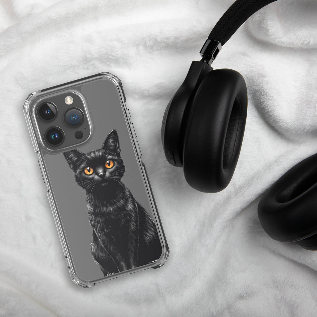Midnight Black Cat Clear Case for iPhone 15 Pro - Elegant Black Cat Illustration Protective Cover