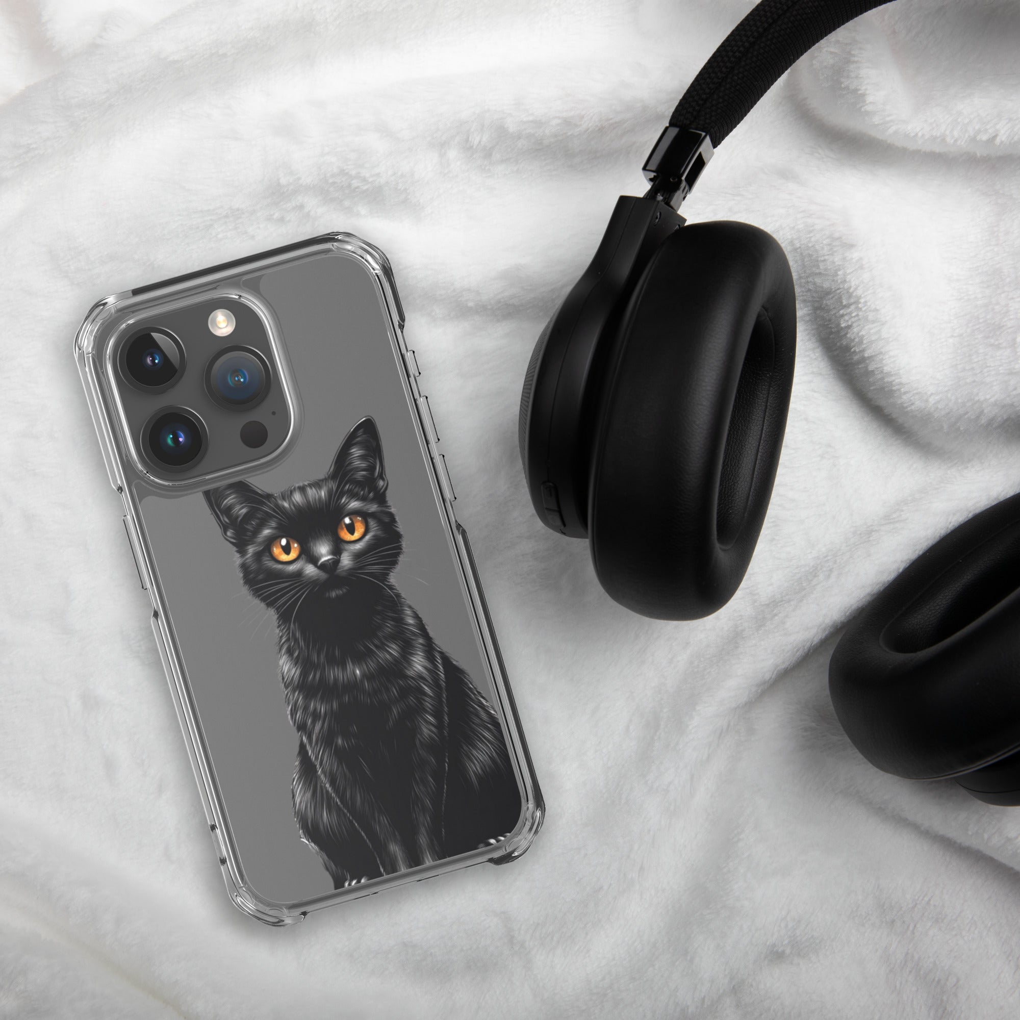 Midnight Black Cat Clear Case for iPhone 15 Pro - Elegant Black Cat Illustration Protective Cover