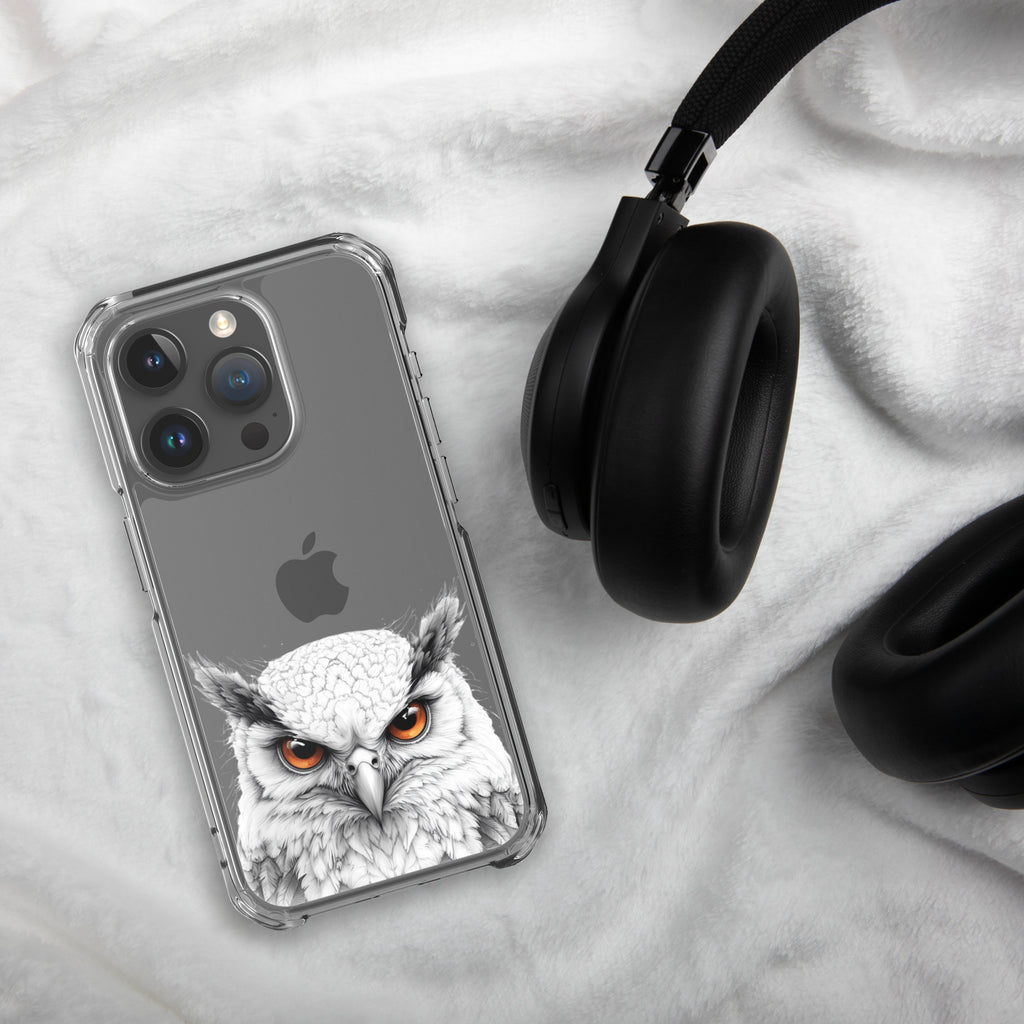 Snowy Owl Glare Clear Case for iPhone 15 Pro - Minimalist White Owl Illustration Protective Cover