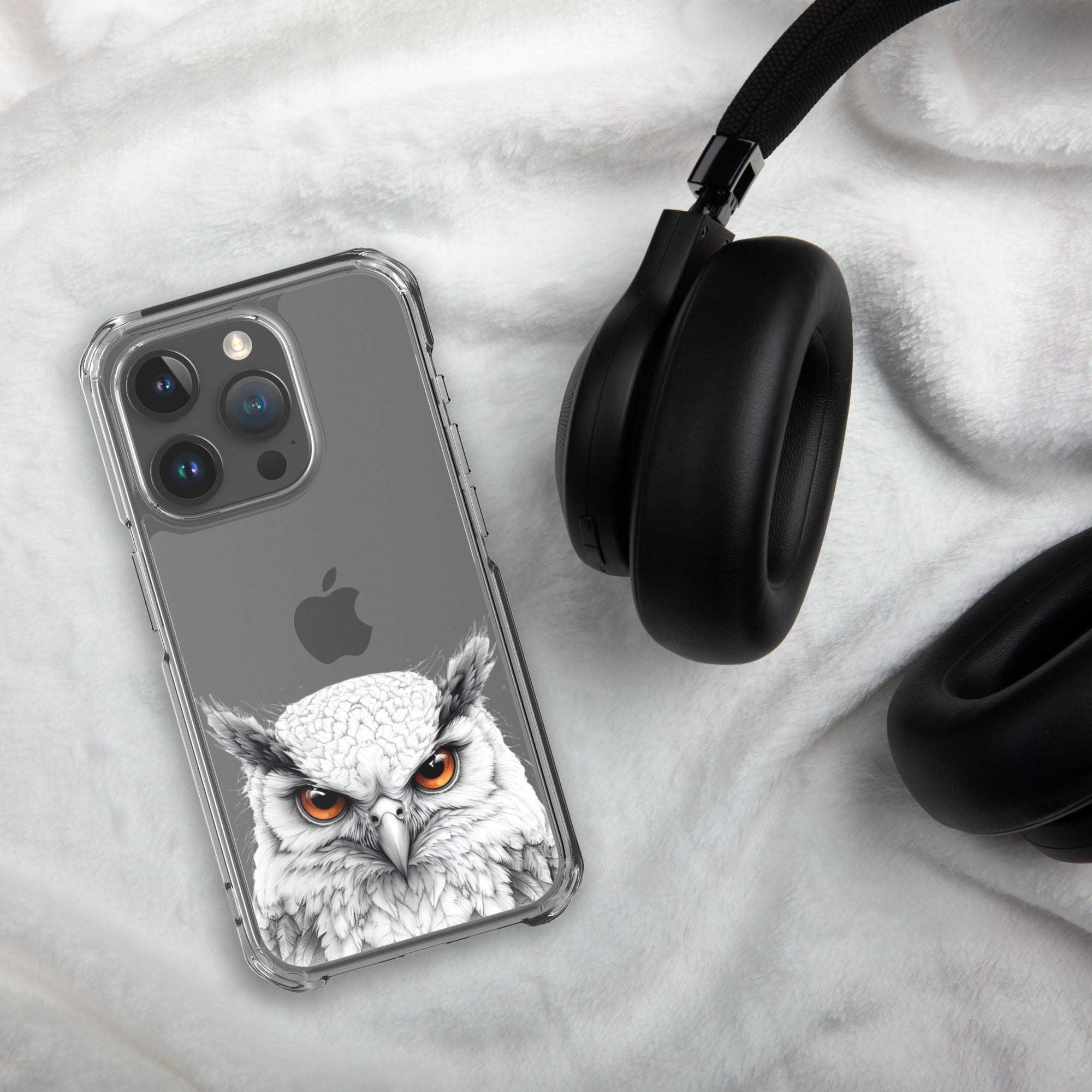 Snowy Owl Glare Clear Case for iPhone 15 Pro - Minimalist White Owl Illustration Protective Cover
