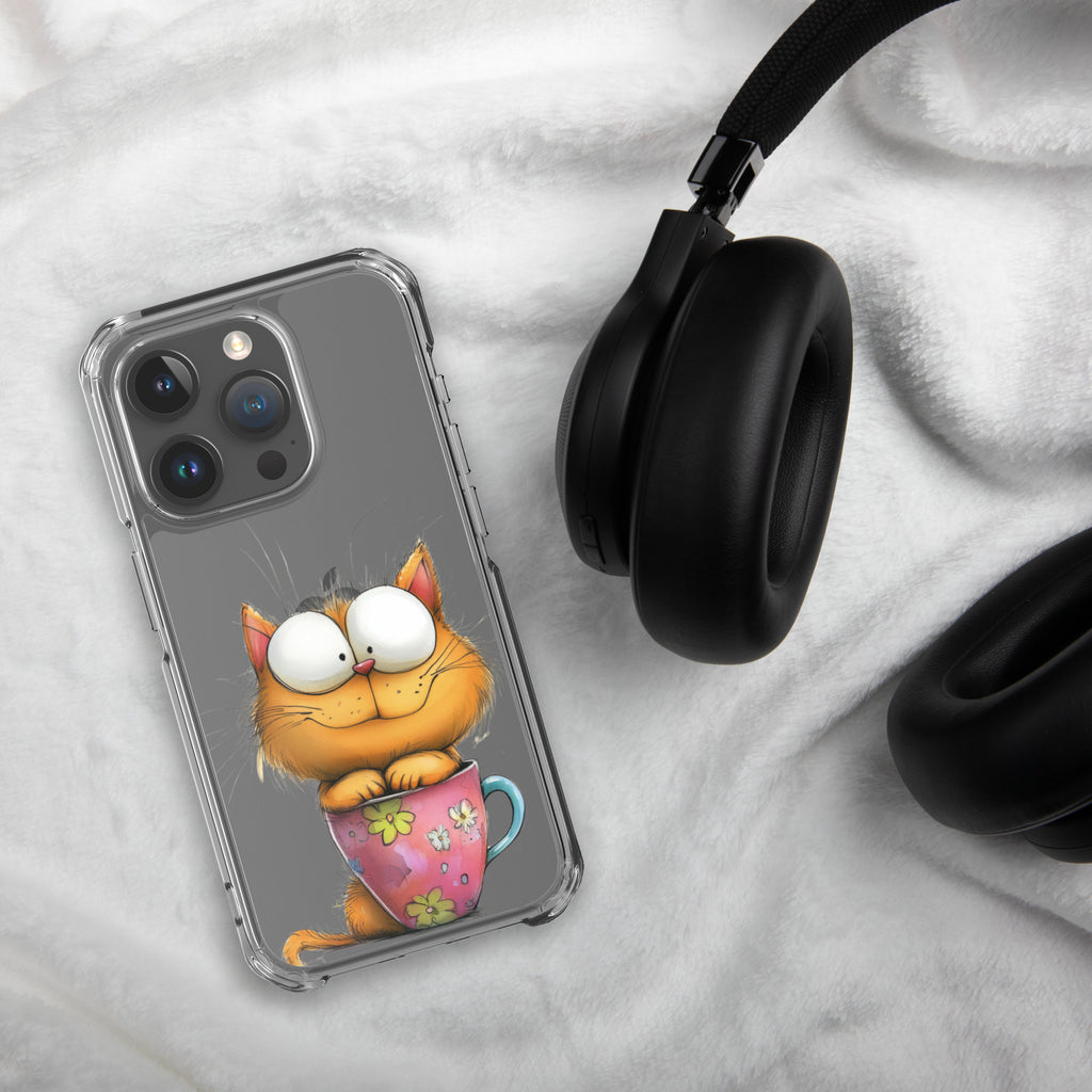 Goofy Cat in Cup Clear Case for iPhone 15 Pro - Funny Cartoon Kitty Protective Cover