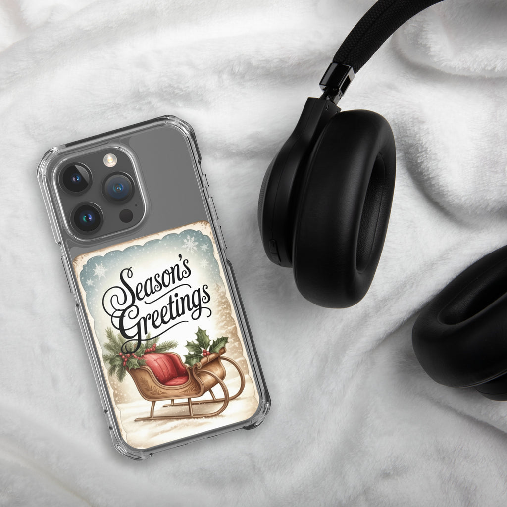 Season’s Greetings Vintage Holiday Clear Case for iPhone 15 Pro - Retro Christmas Sleigh Festive Cover