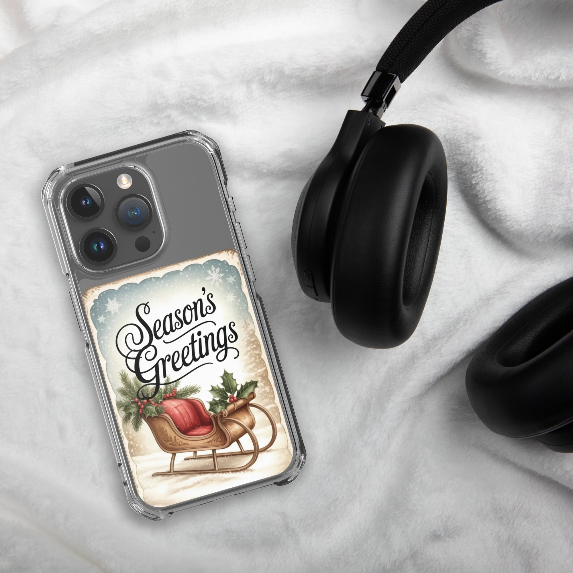 Season’s Greetings Vintage Holiday Clear Case for iPhone 15 Pro - Retro Christmas Sleigh Festive Cover