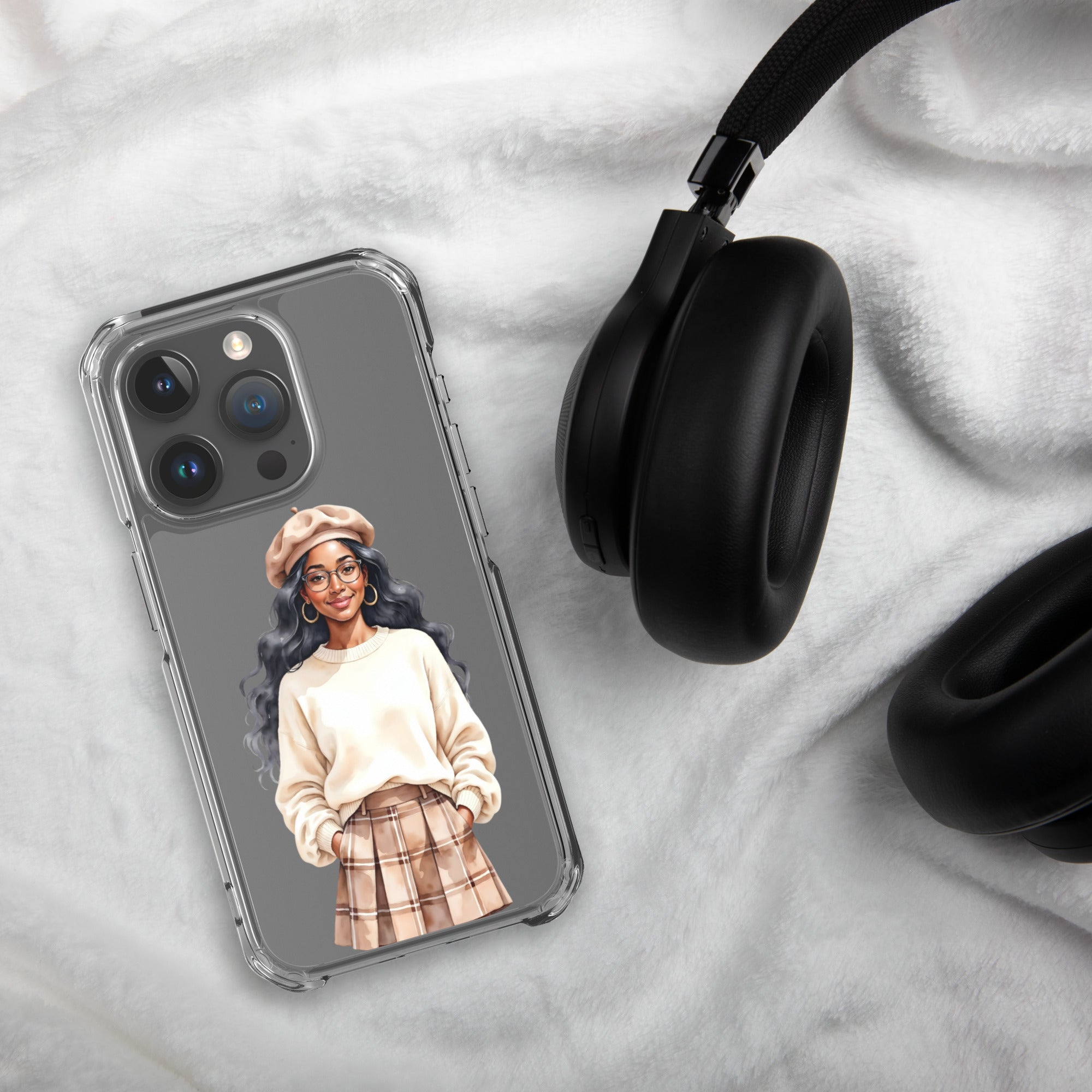 Cozy Plaid Autumn Girl Clear Case for iPhone 15 Pro - Fashion Illustration Protective Cover