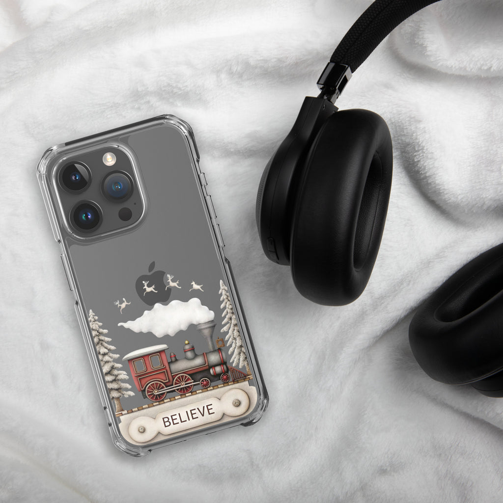 Believe Christmas Train Clear Case for iPhone 15 Pro - Vintage Holiday Locomotive Winter Scene Cover