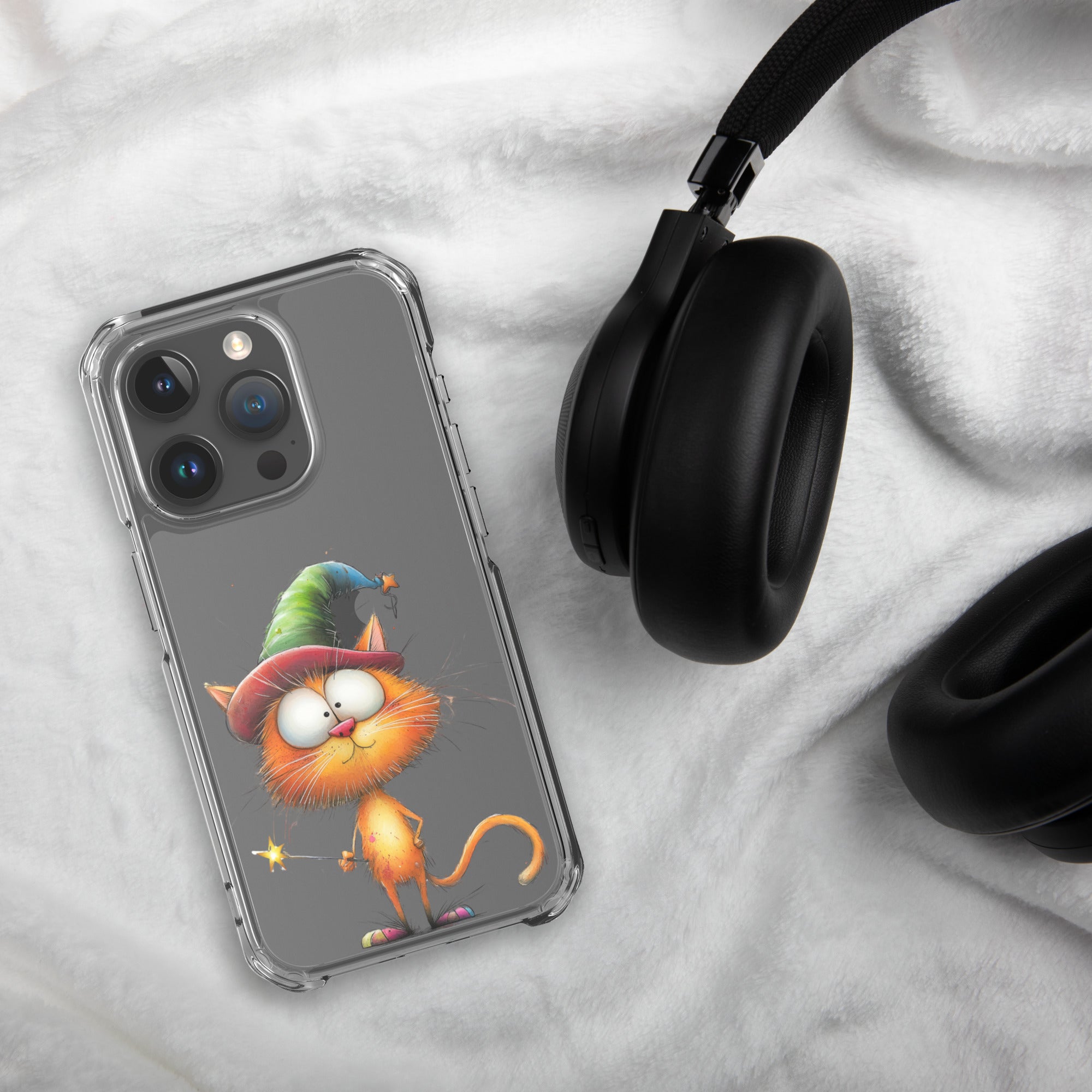 Wizard Cat Clear Case for iPhone 15 Pro - Funny Magic Kitty Cartoon Protective Cover