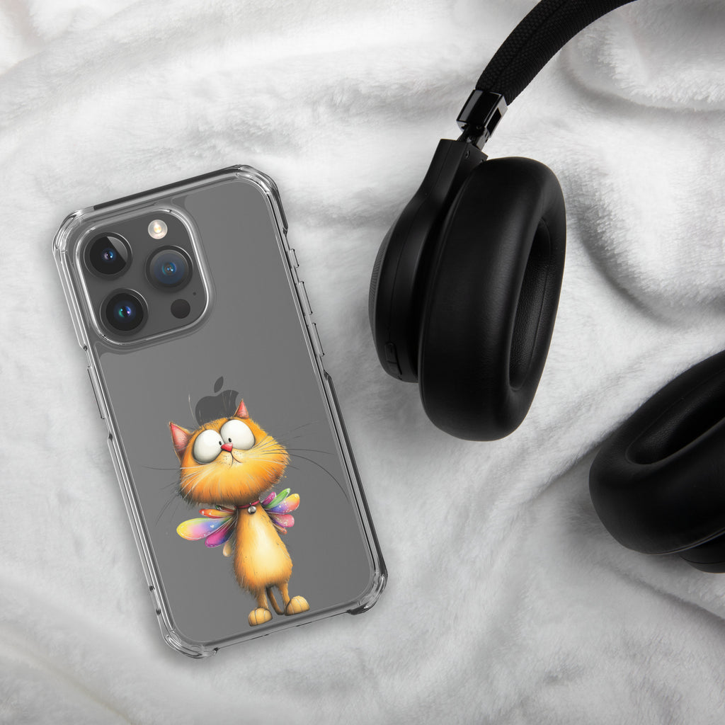 Fairy Cat Clear Case for iPhone 15 Pro - Cute Magical Kitty with Colorful Wings Protective Cover