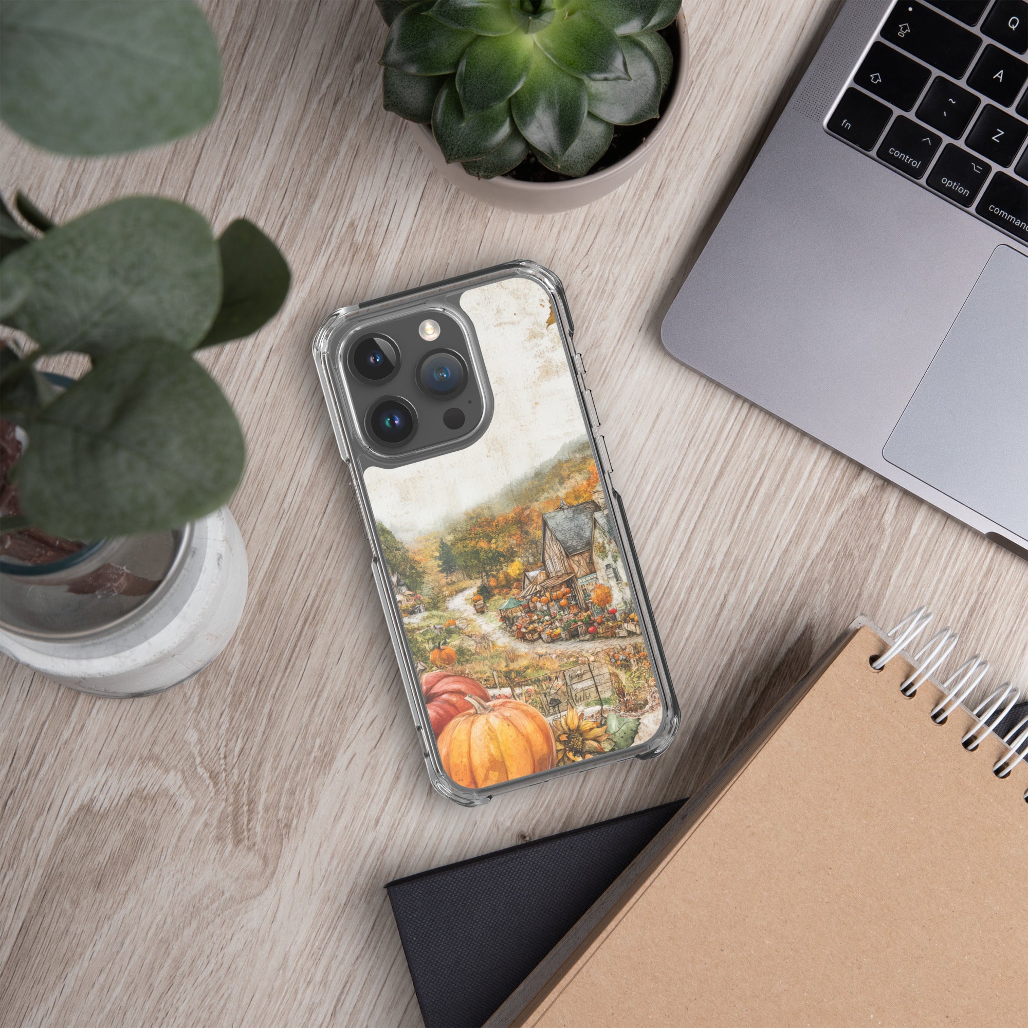 Autumn Village Clear Case for iPhone 15 Pro - Fall Rustic Pumpkin Design Protective Cover