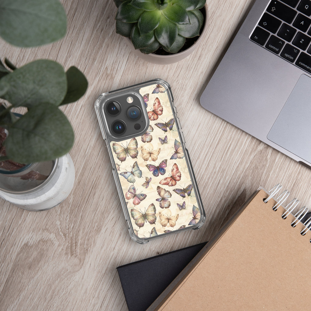 Butterfly Garden Clear Case for iPhone 15 Pro - Elegant Pastel Butterfly Protective Cover