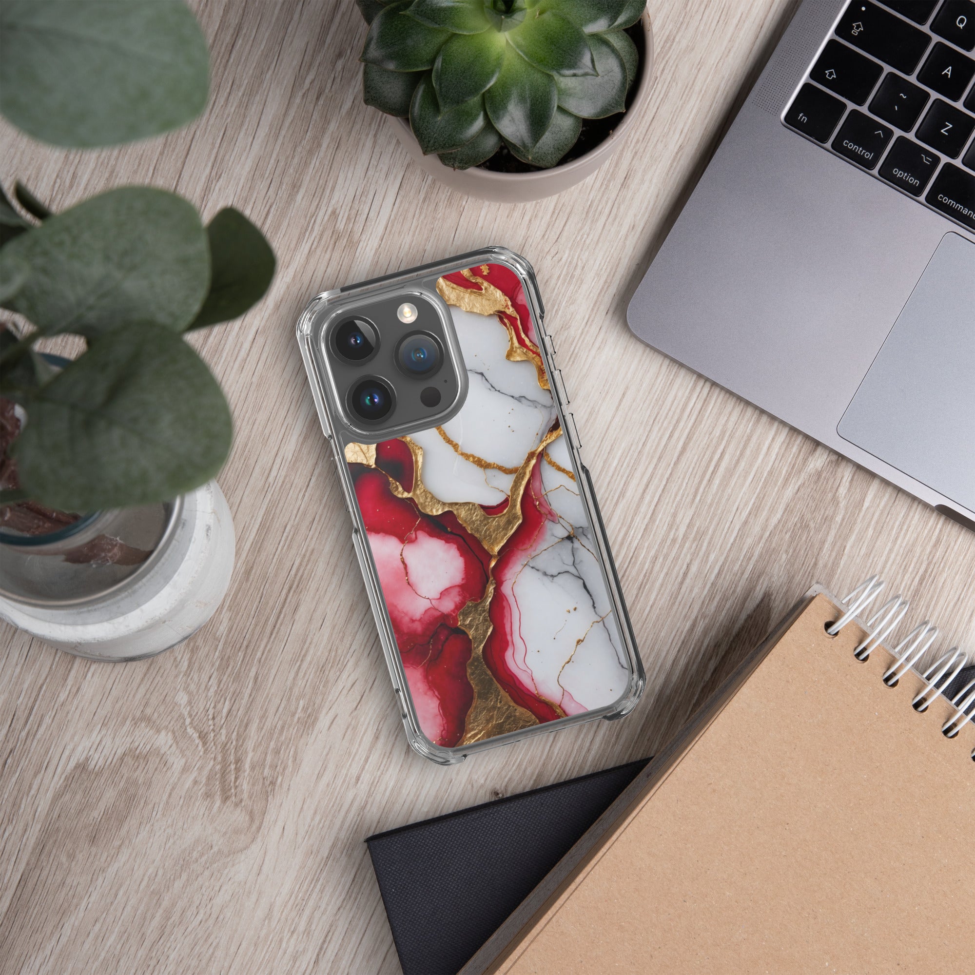 Crimson Golden Marble Luxe Clear Case for iPhone 15 Pro - Luxury Red & Gold Marble Protective Cover