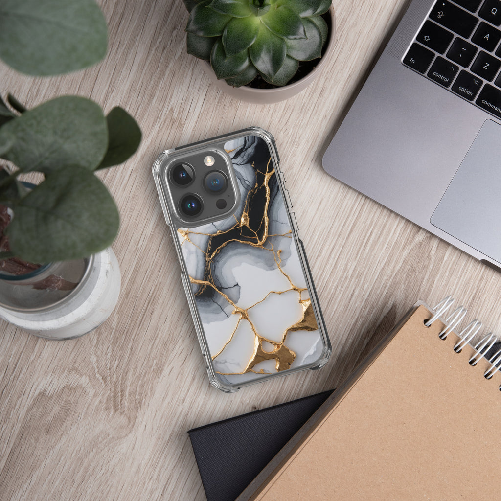 Golden Marble Veins Clear Case for iPhone 15 Pro - Luxury Black & White Marble Protective Cover