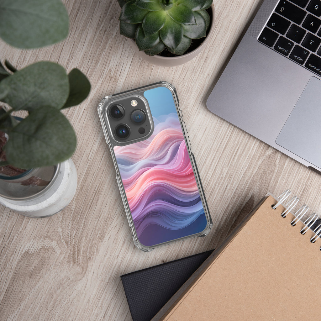 Velvet Currents Dream Clear Case for iPhone 15 Pro - Abstract Pink & Blue Waves Protective Cover