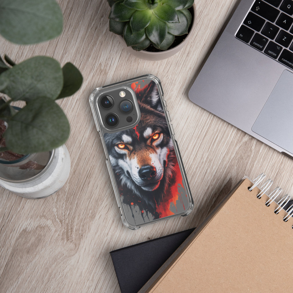 Dual Flame Wolf Clear Case for iPhone 15 Pro - Fierce Wolf Artwork Protective Cover