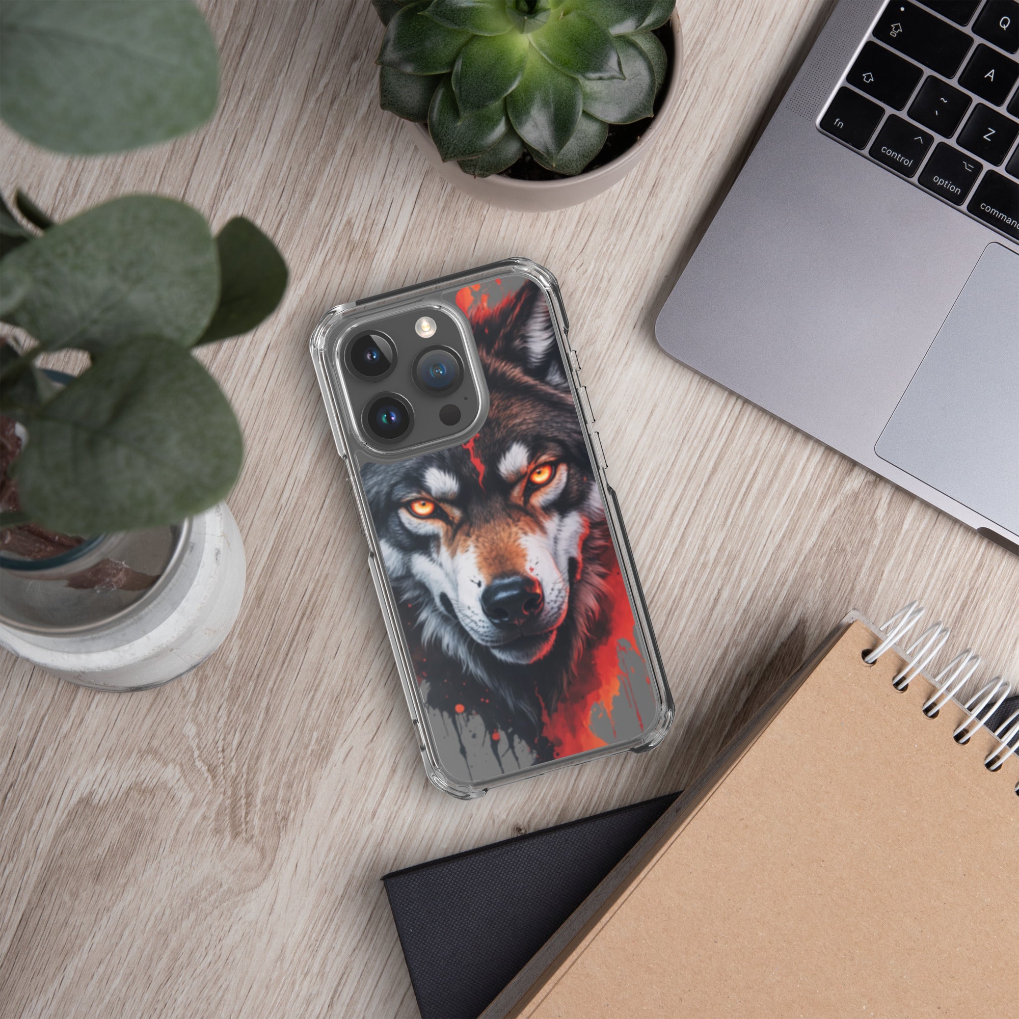 Dual Flame Wolf Clear Case for iPhone 15 Pro - Fierce Wolf Artwork Protective Cover