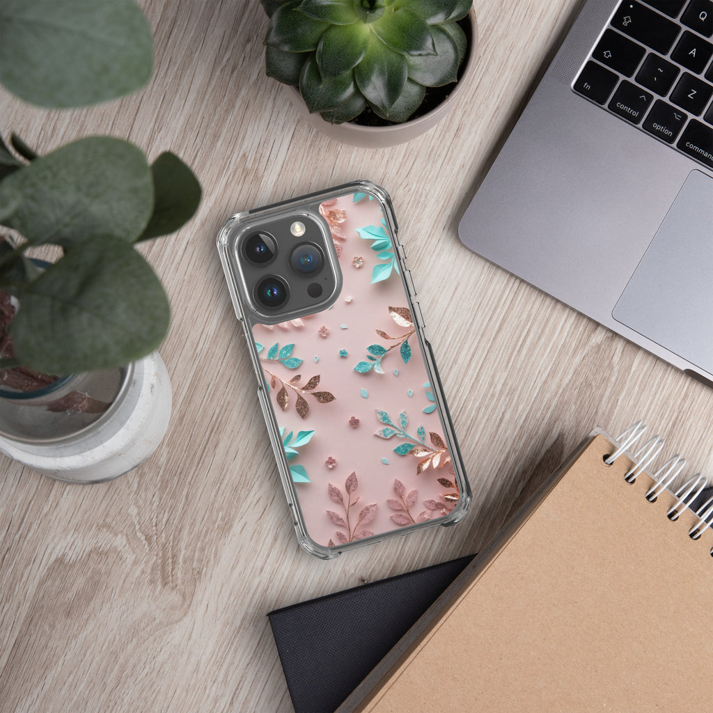 Blush Garden Glam Clear Case for iPhone 15 Pro - Pink & Teal Glitter Floral Protective Cover