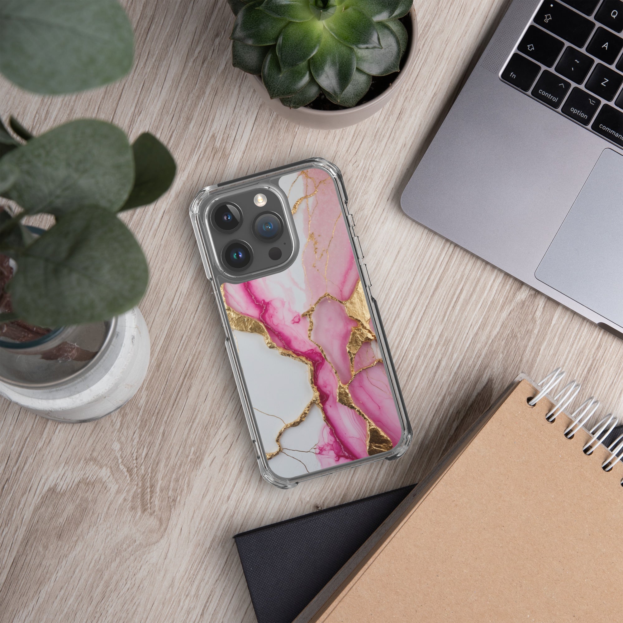 Pink Golden Marble Luxe Clear Case for iPhone 15 Pro - Luxury Pink & Gold Marble Protective Cover