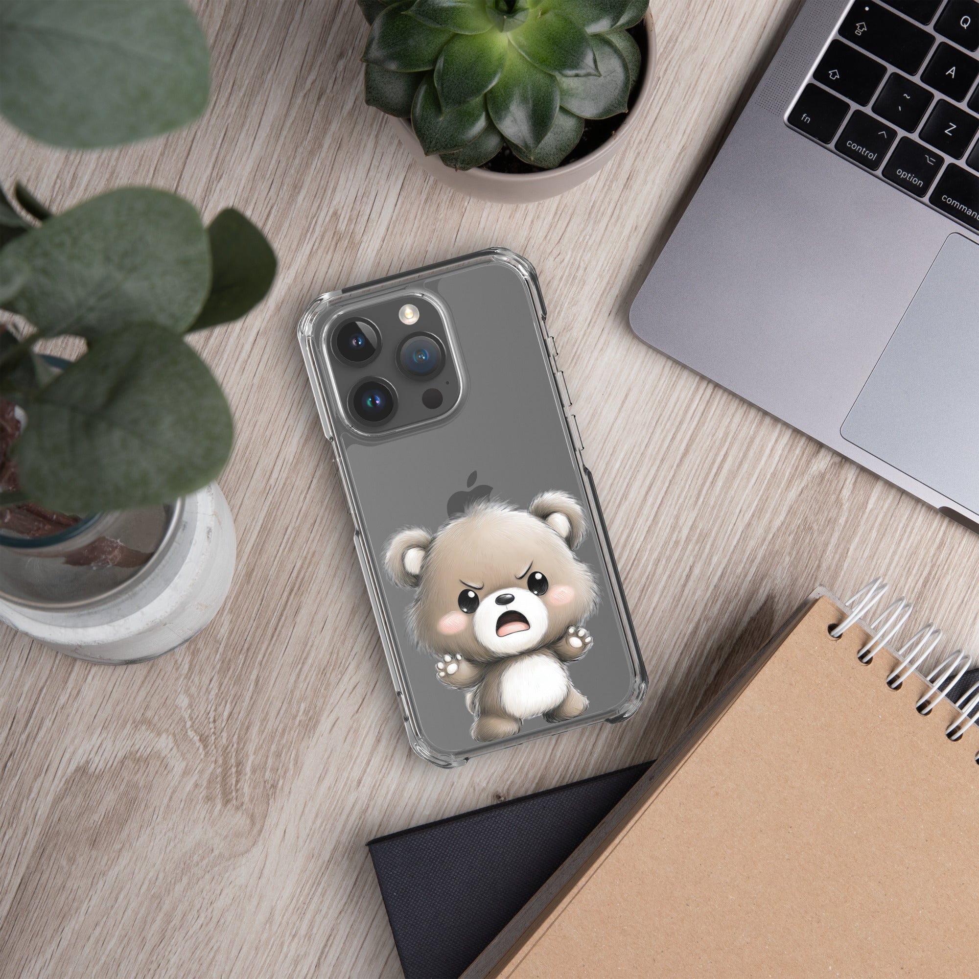 Angry Cute Bear Clear Case for iPhone 15 Pro - Funny Kawaii Bear Protective Cover