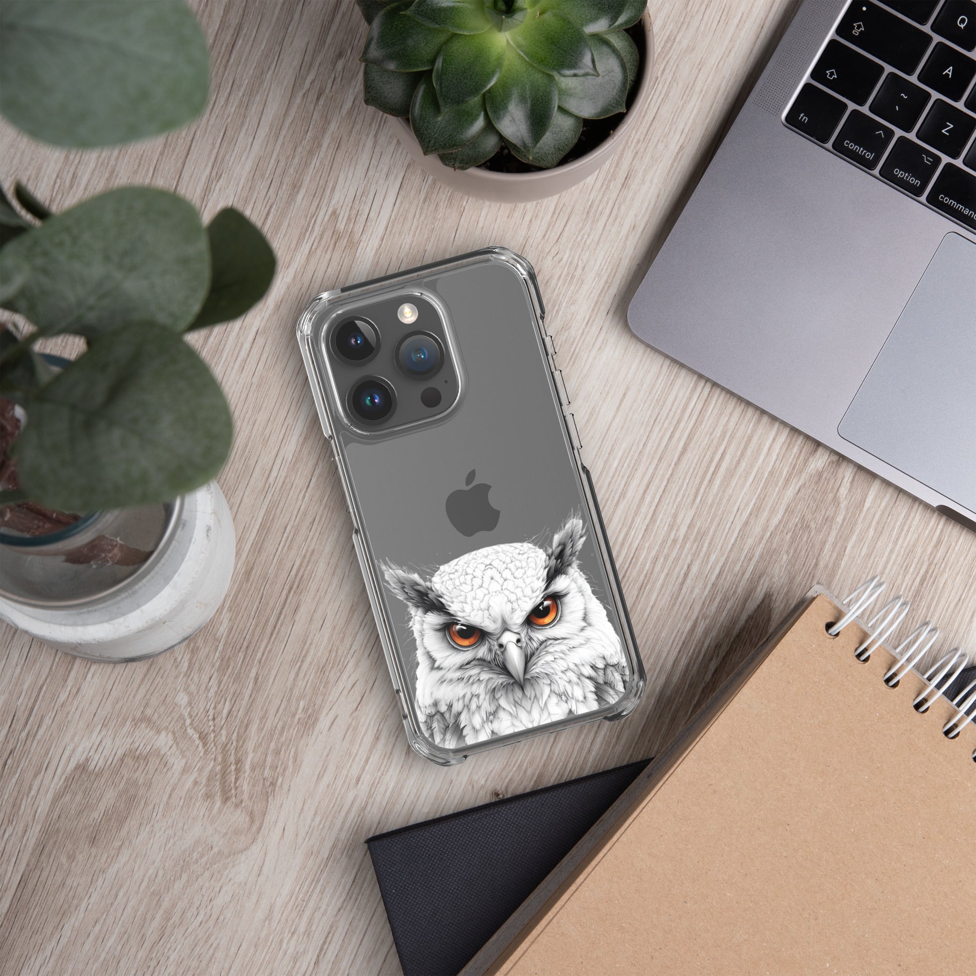 Snowy Owl Glare Clear Case for iPhone 15 Pro - Minimalist White Owl Illustration Protective Cover