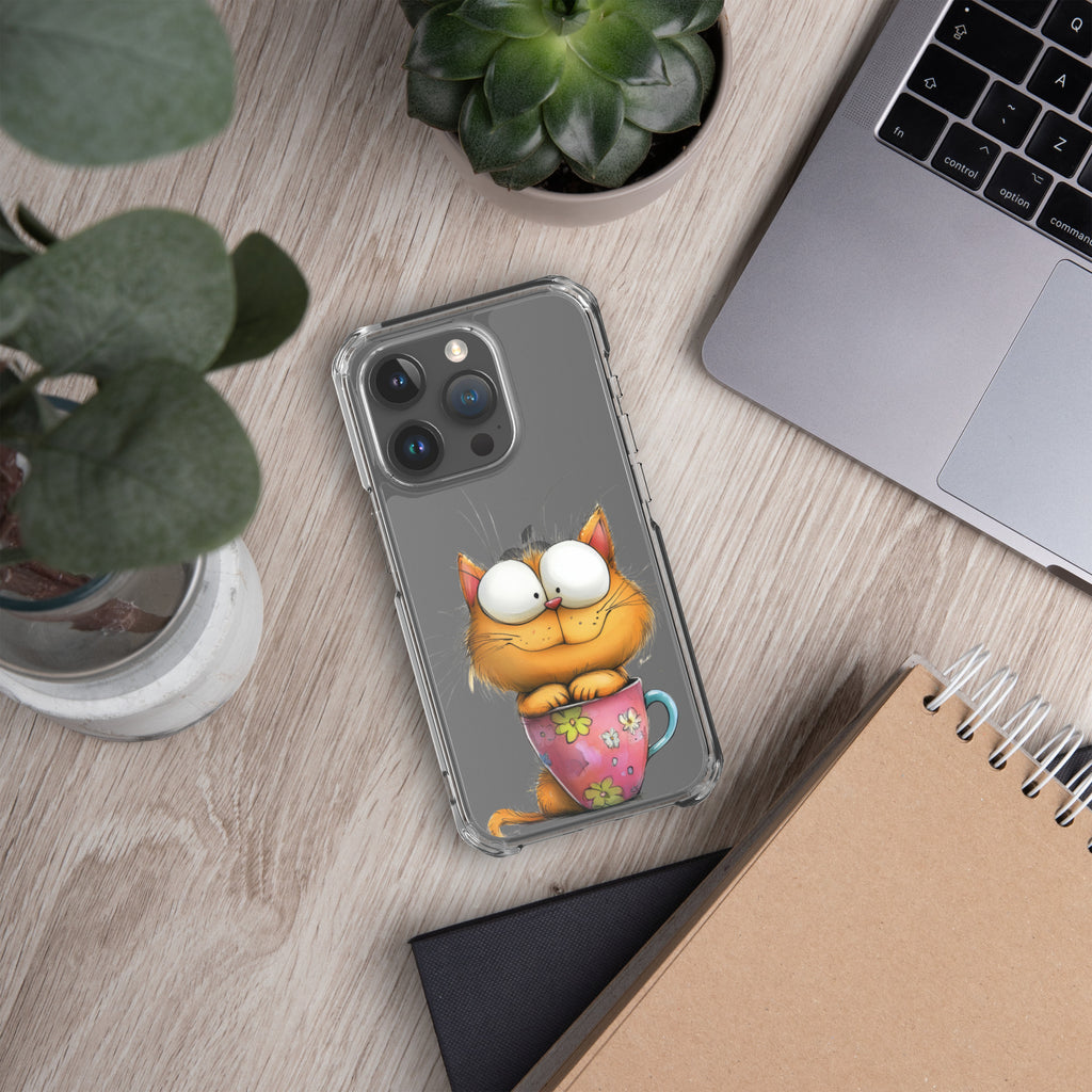Goofy Cat in Cup Clear Case for iPhone 15 Pro - Funny Cartoon Kitty Protective Cover