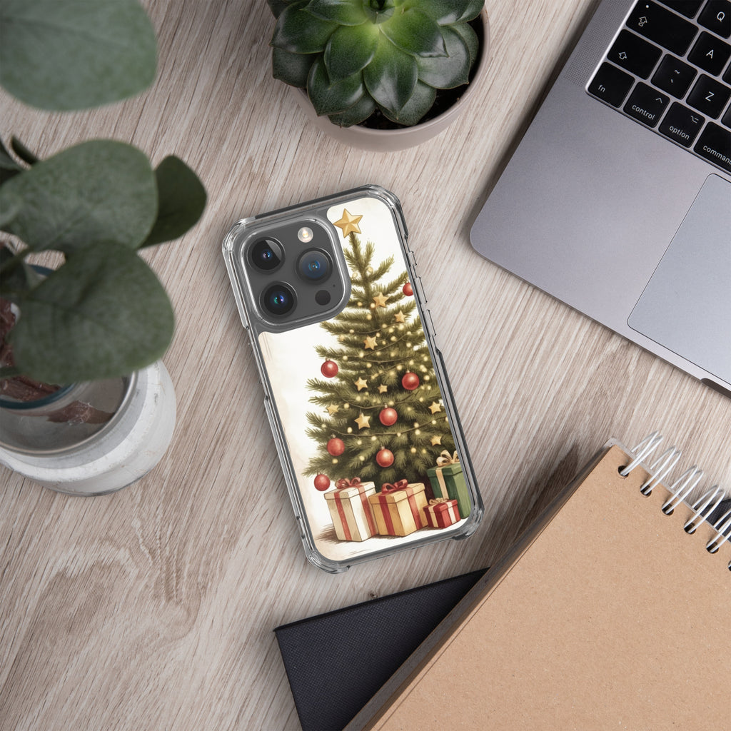 Vintage Christmas Tree Clear Case for iPhone 15 Pro - Festive Holiday Tree & Gifts Protective Cover