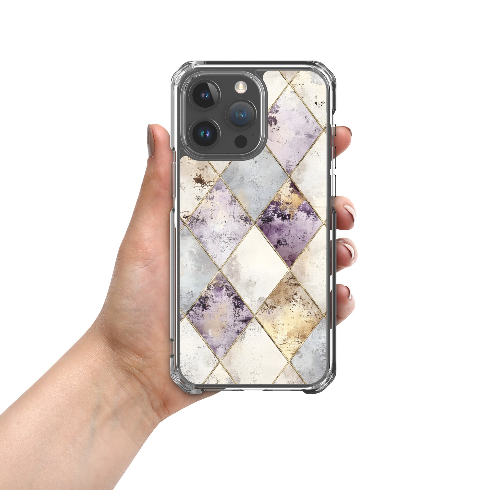 Golden Harlequin Damask Clear Case for iPhone 15 Pro Max - Elegant Gold Geometric Protective Cover