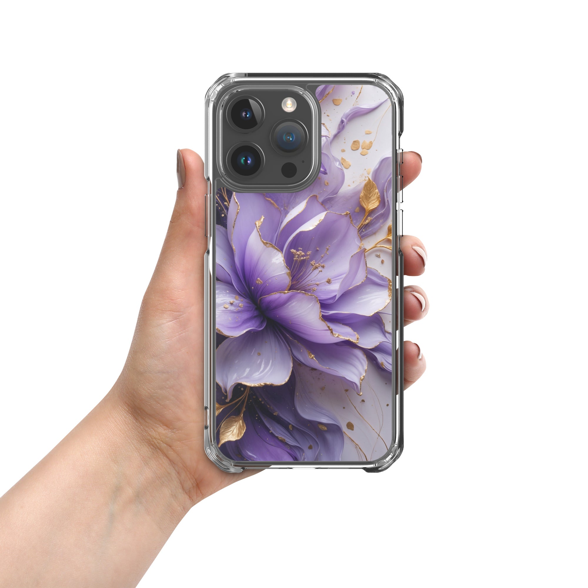 Royal Violet Bloom Clear Case for iPhone 15 Pro Max - Luxury Purple & Gold Floral Protective Cover
