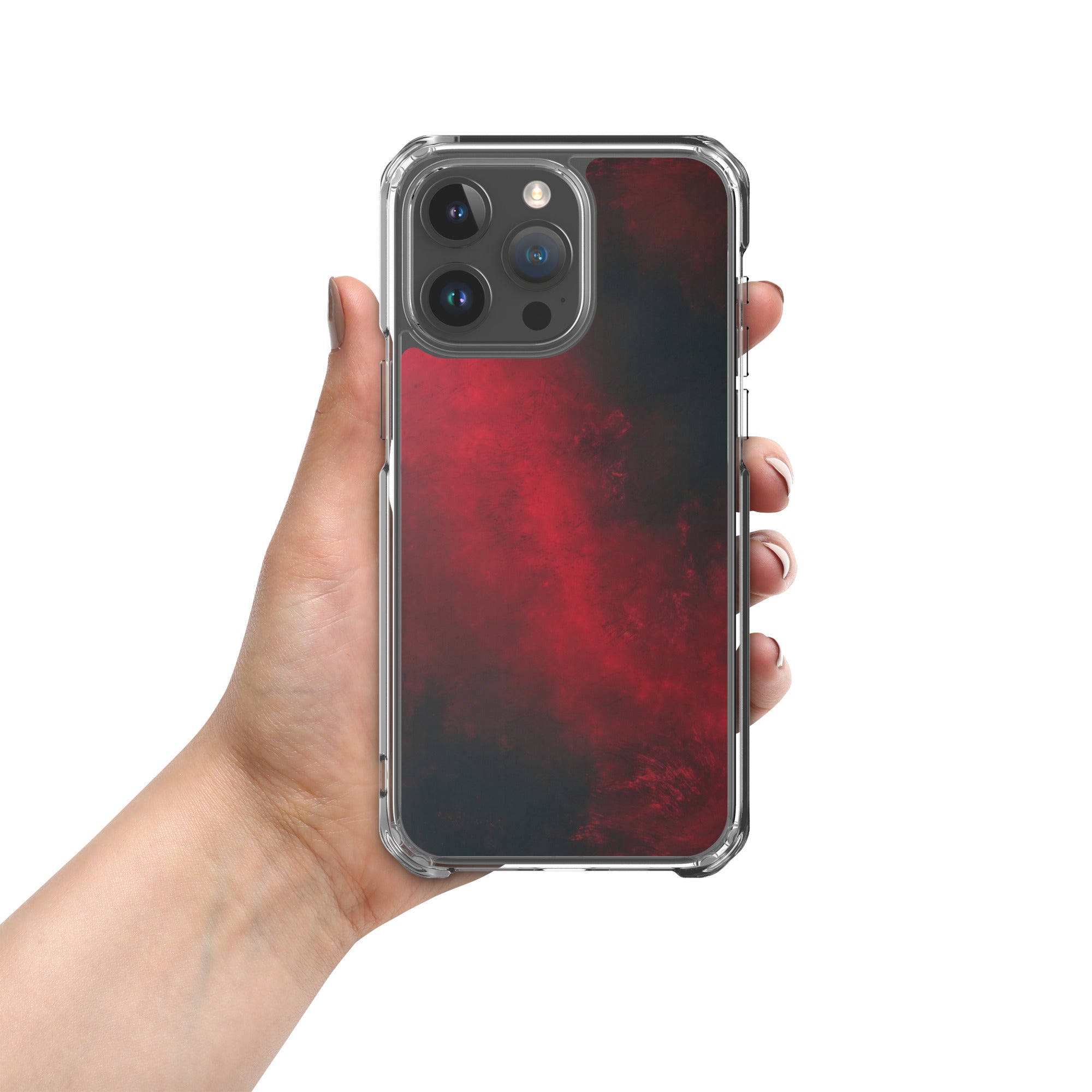 Crimson Nebula Clear Case for iPhone 15 Pro Max - Red & Black Abstract Smoke Protective Cover