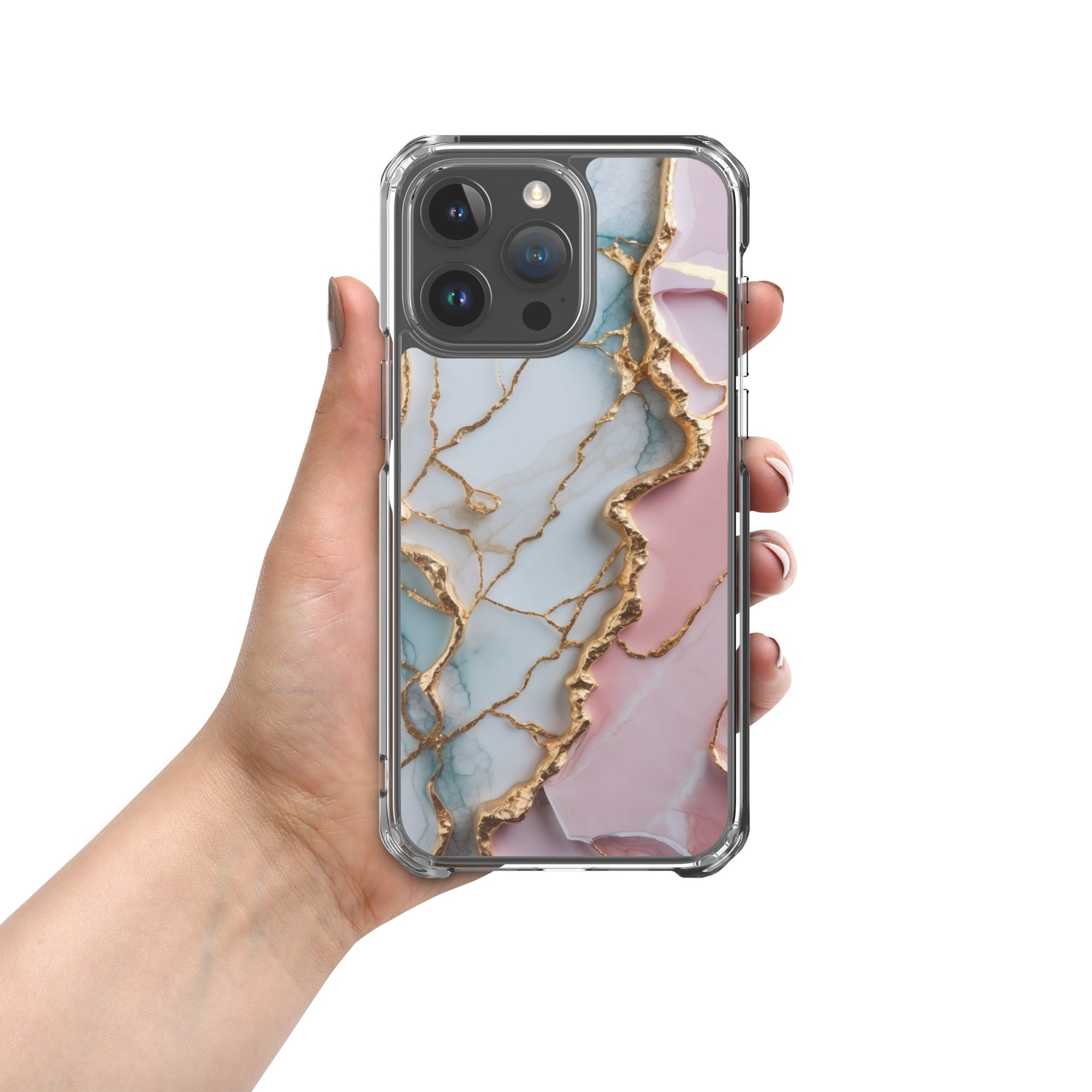 Pastel Golden Marble Fusion Clear Case for iPhone 15 Pro Max - Luxury Pink & Blue Marble Protective Cover
