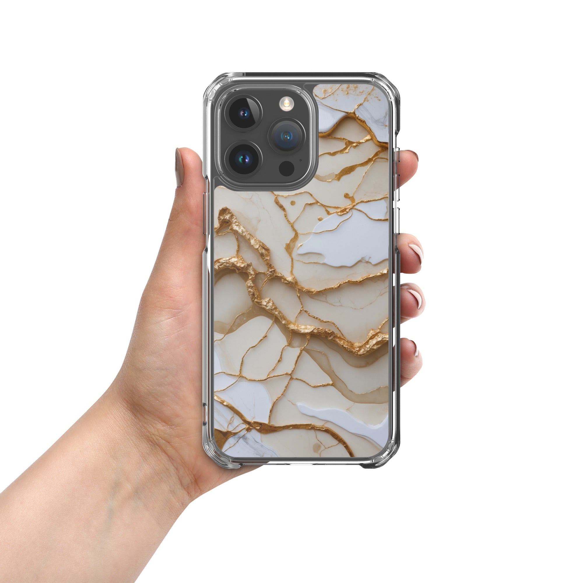Ivory Golden Marble Elegance Clear Case for iPhone 15 Pro Max - Luxury White & Gold Marble Protective Cover