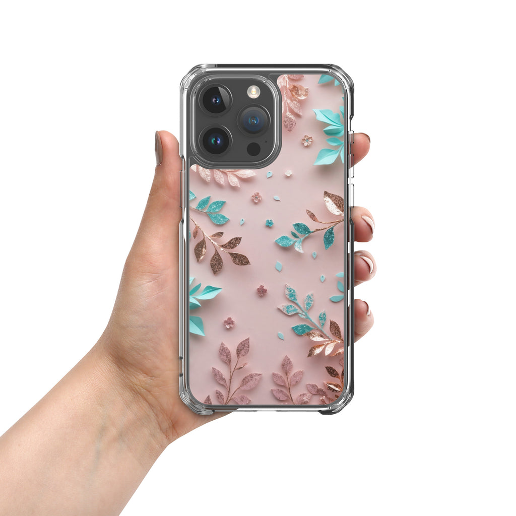 Blush Garden Glam Clear Case for iPhone 15 Pro Max - Pink & Teal Glitter Floral Protective Cover