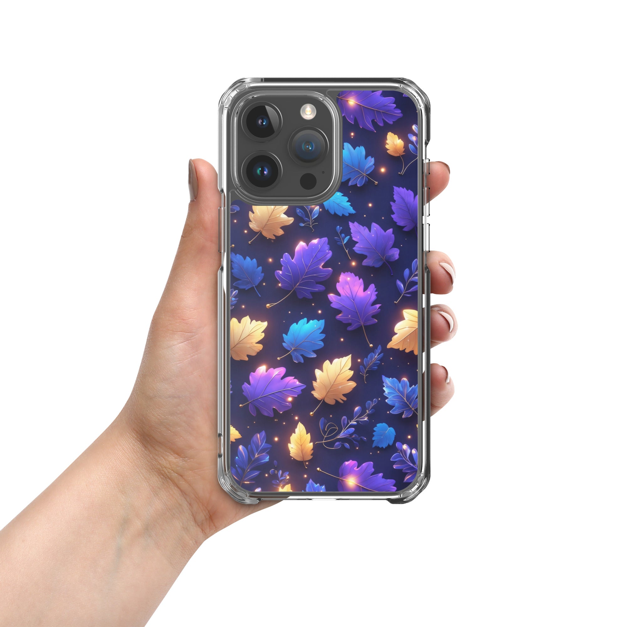 Neon Autumn Glow Clear Case for iPhone 15 Pro Max - Vibrant Fall Leaves Luminous Protective Cover