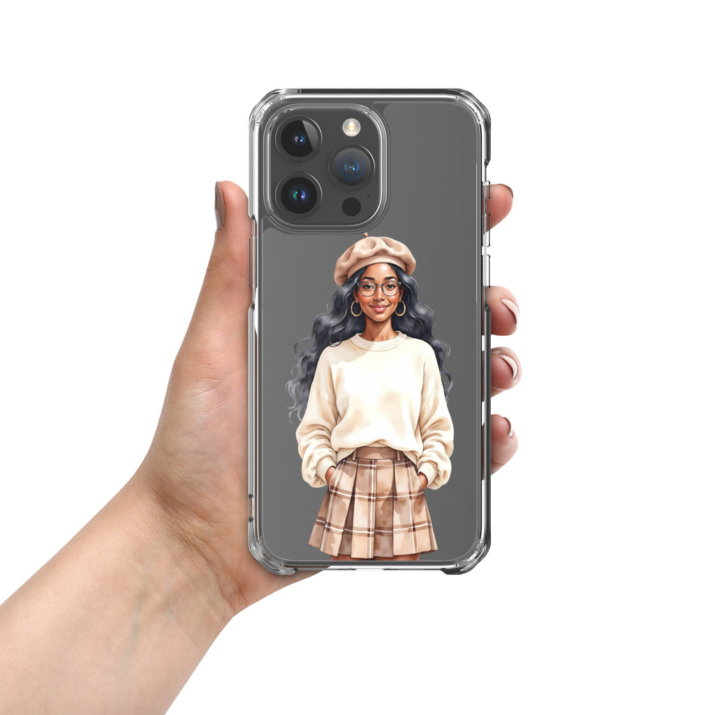 Cozy Plaid Autumn Girl Clear Case for iPhone 15 Pro Max