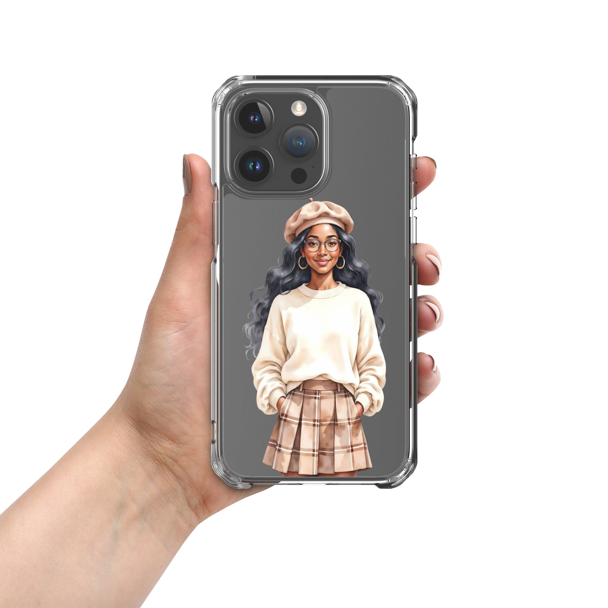 Cozy Plaid Autumn Girl Clear Case for iPhone 15 Pro Max