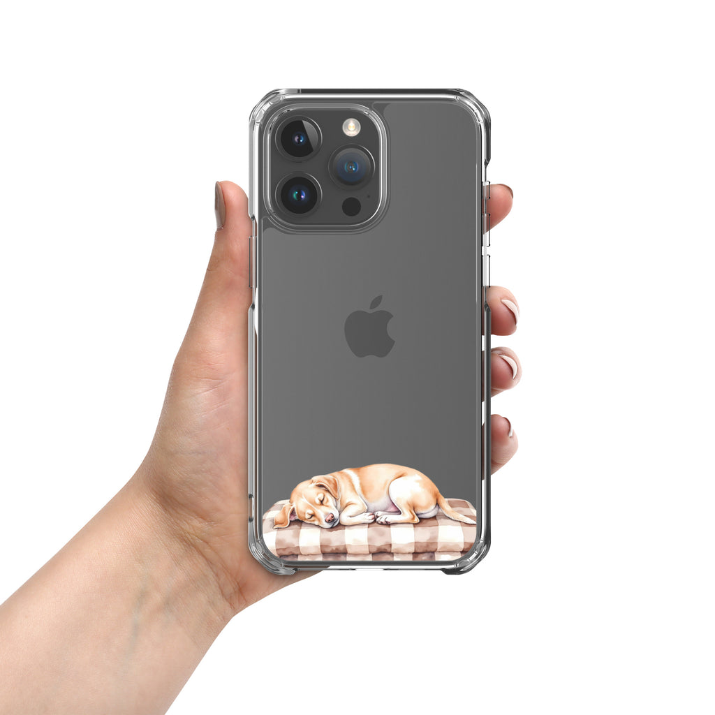 Sleepy Dog on Checkered Blanket Clear Case for iPhone 15 Pro Max - Cute Cozy Puppy Illustration Protective Cover