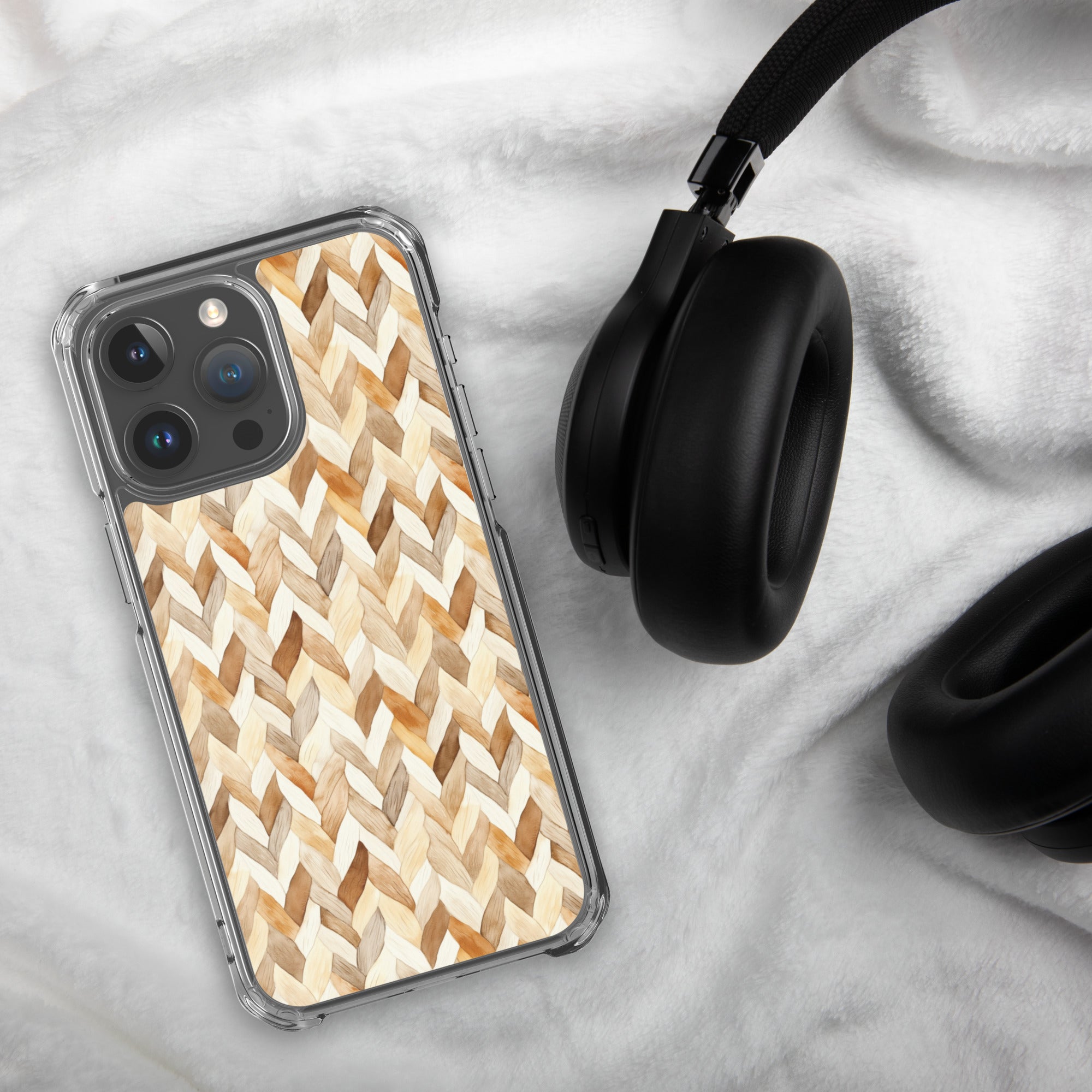 Cozy Knit Pattern Clear Case for iPhone 15 Pro Max - Neutral Braided Texture Protective Cover