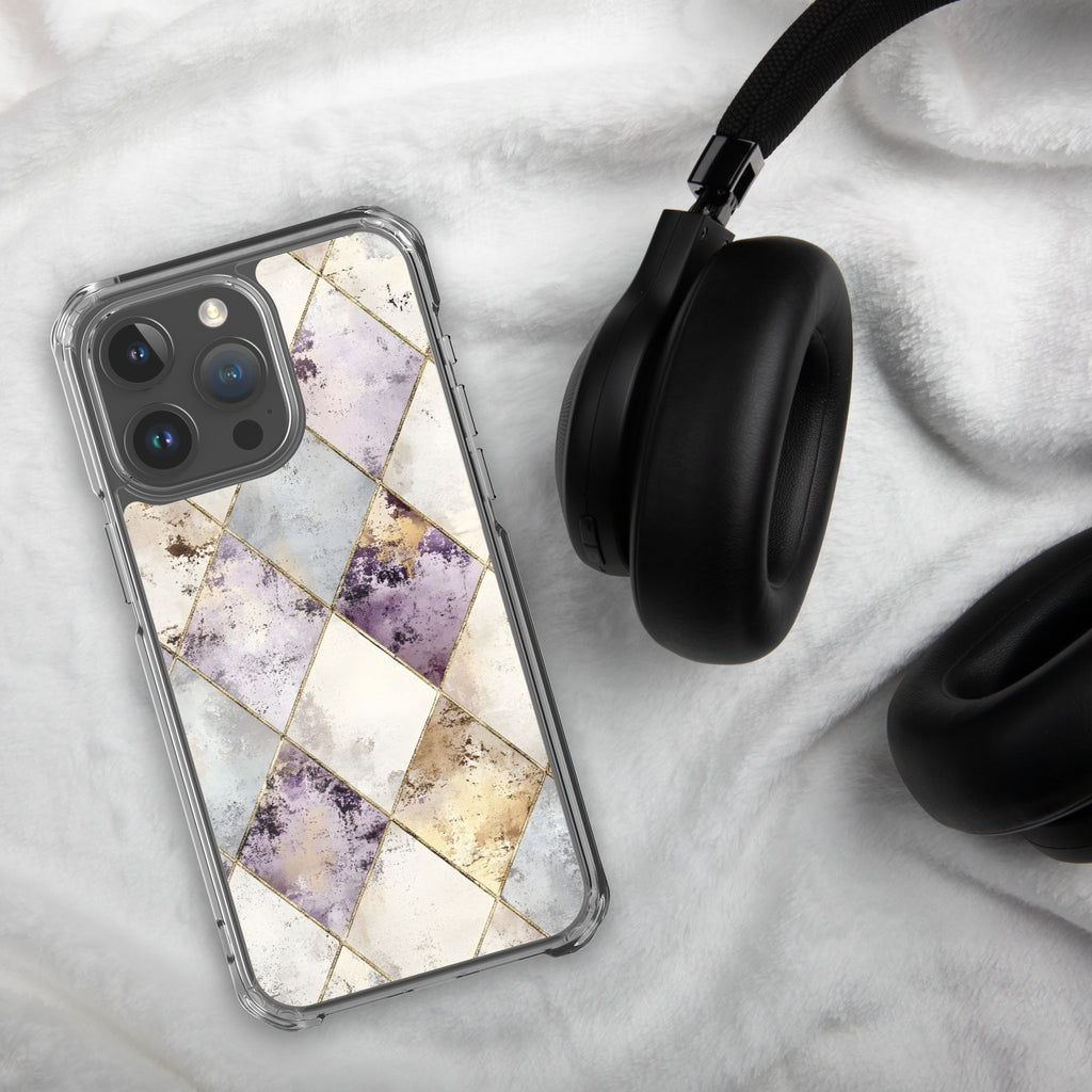 Golden Harlequin Damask Clear Case for iPhone 15 Pro Max - Elegant Gold Geometric Protective Cover