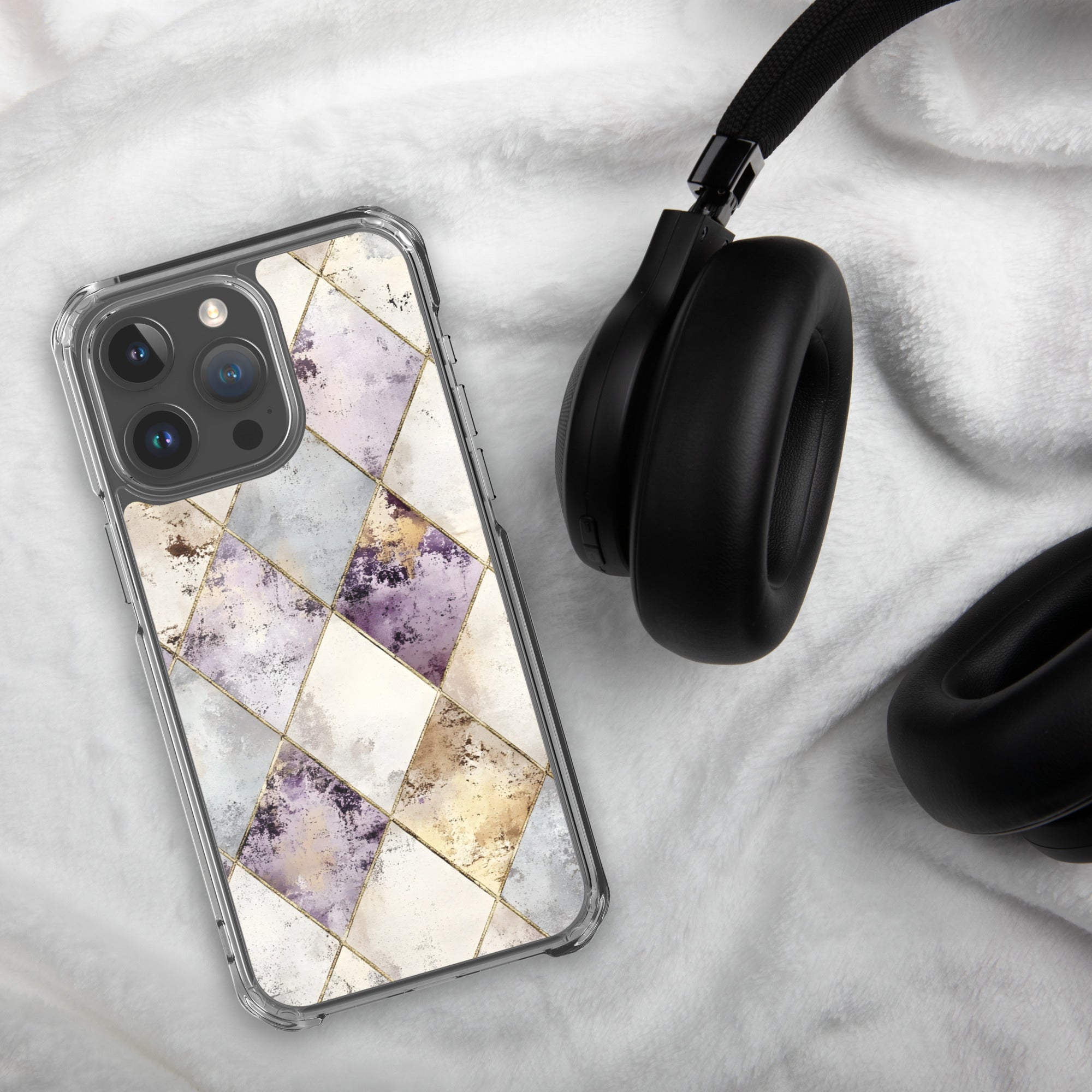 Golden Harlequin Damask Clear Case for iPhone 15 Pro Max - Elegant Gold Geometric Protective Cover