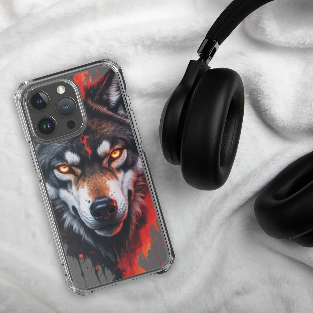 Dual Flame Wolf Clear Case for iPhone 15 Pro Max - Fierce Wolf Artwork Protective Cover