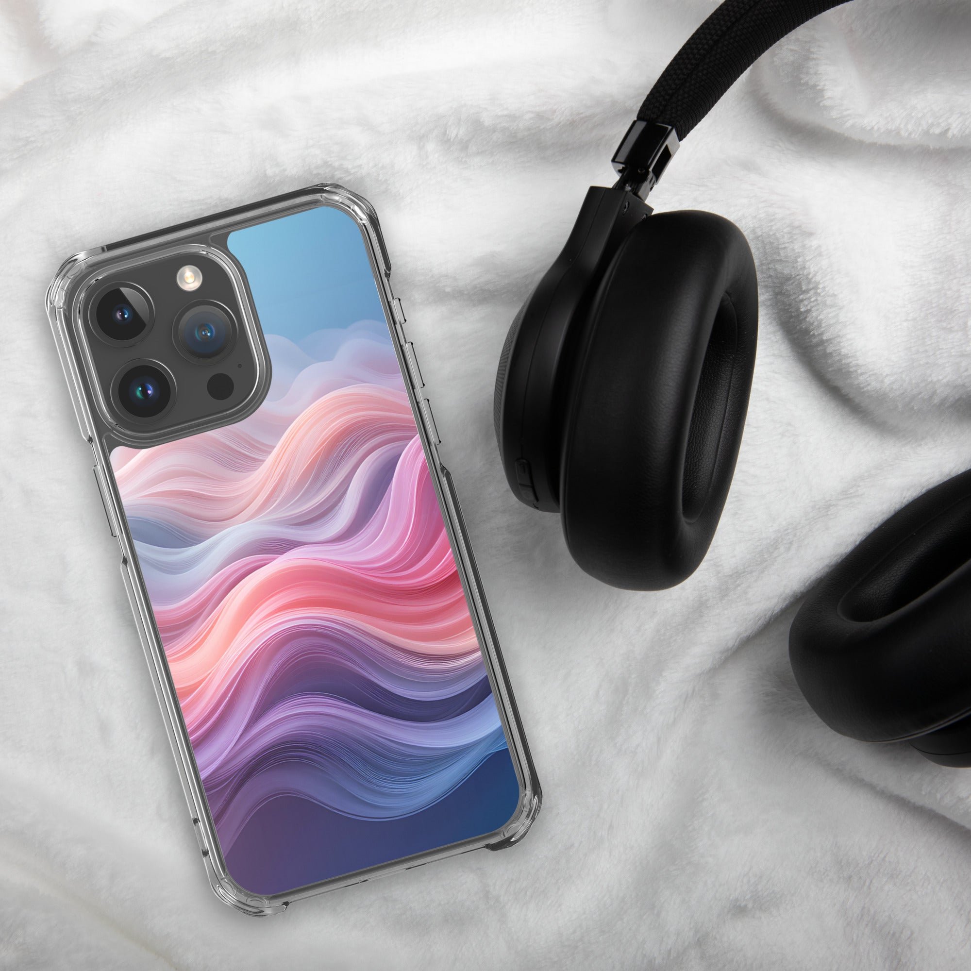 Velvet Currents Dream Clear Case for iPhone 15 Pro Max - Abstract Pink & Blue Waves Protective Cover